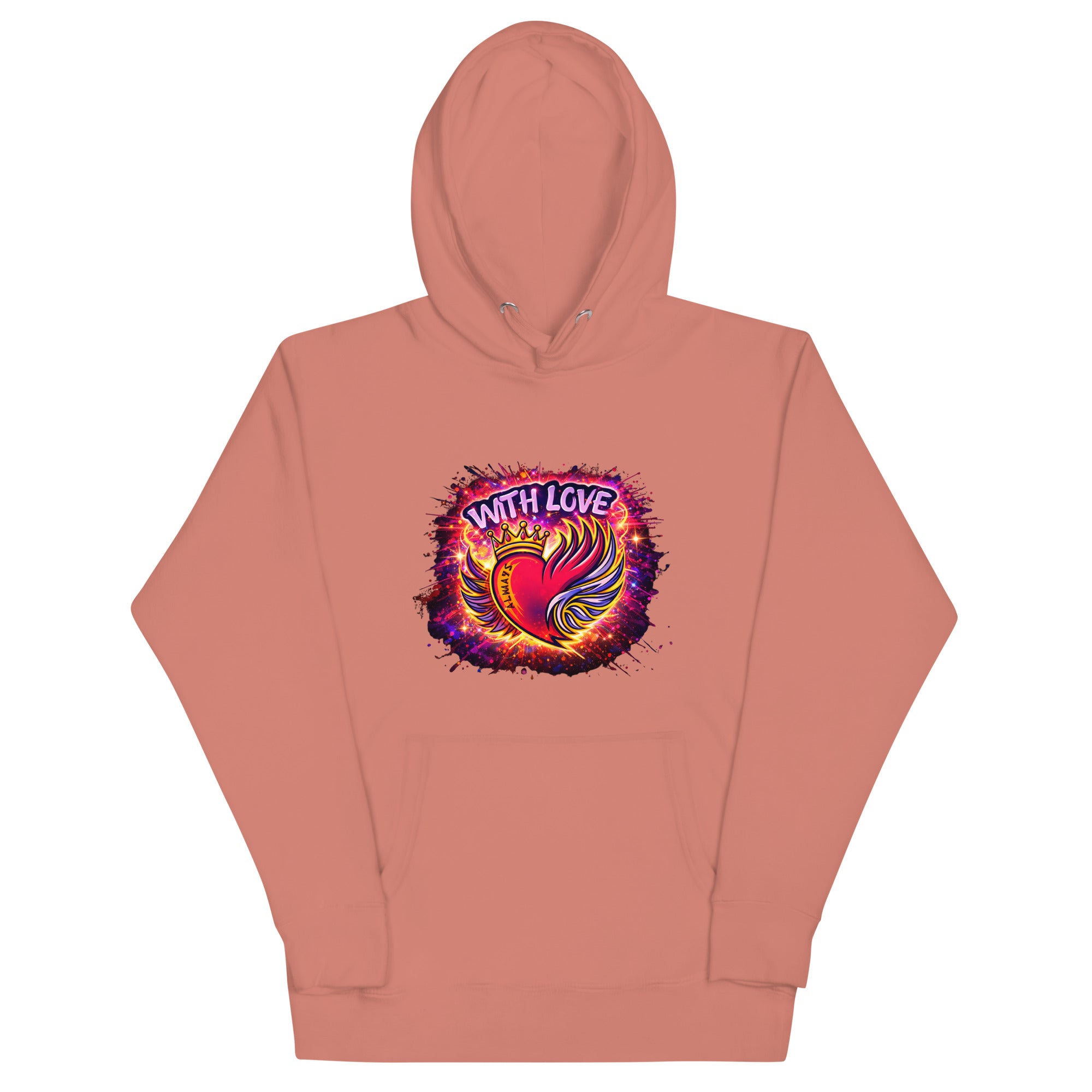 With Love Always graphic hoodie in Dusty Rose with heart and wings design on plain background