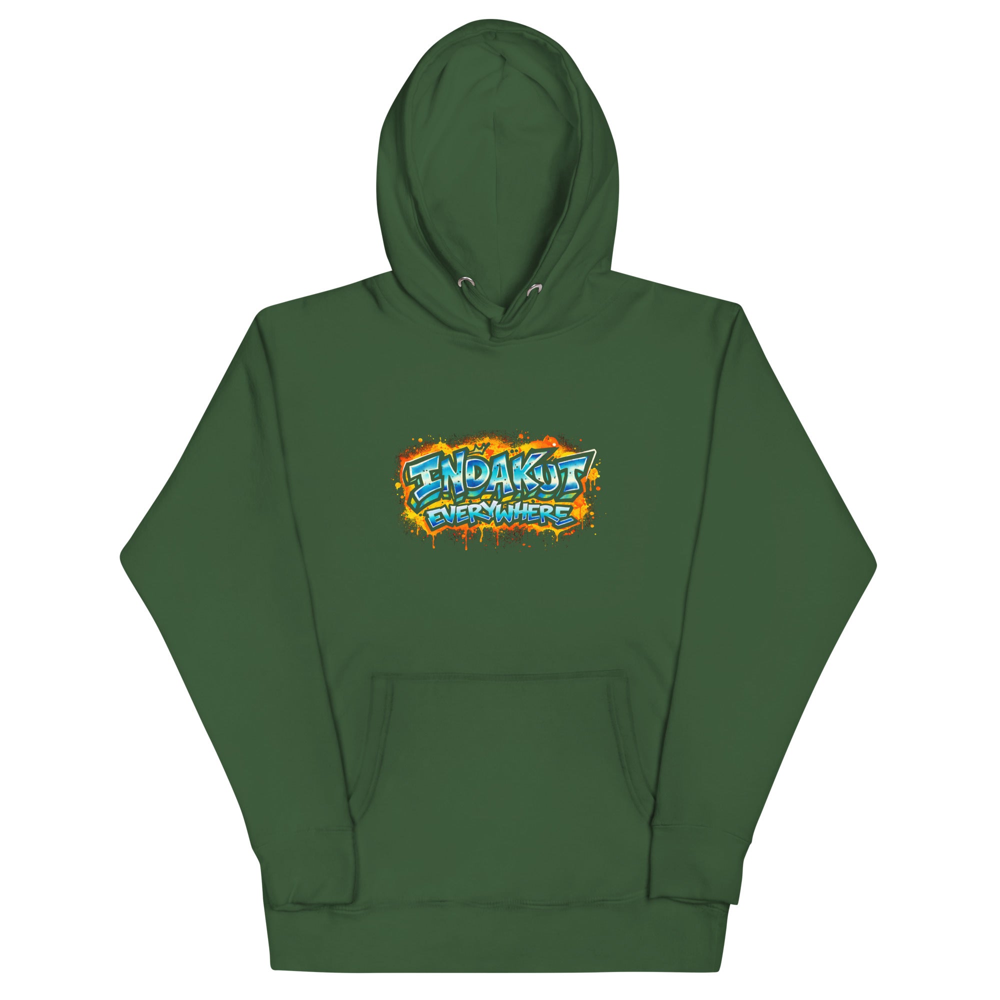 Indakut Everywhere signature hoodie in Forest Green with graffiti logo for streetwear style