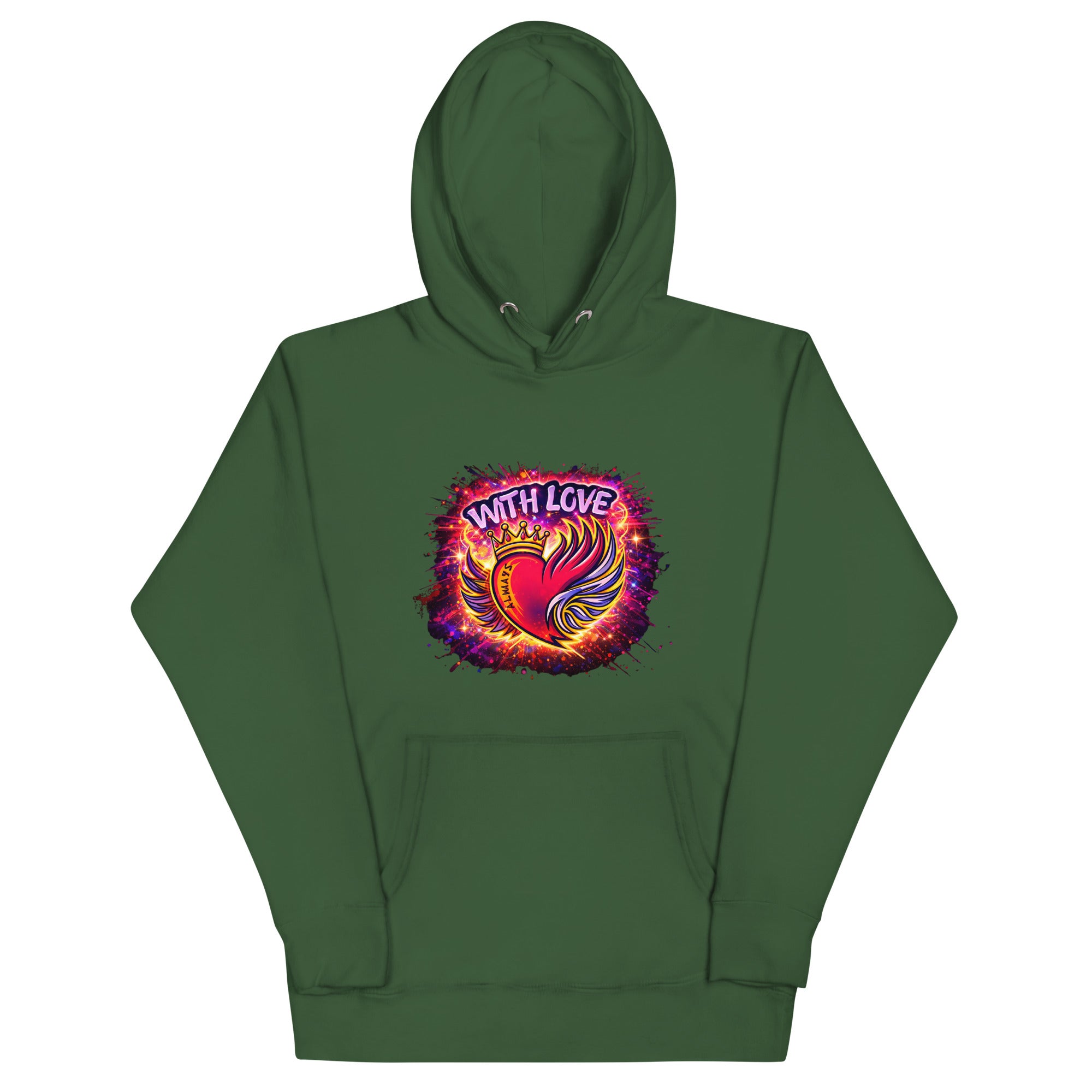 With Love Always graphic hoodie in Forest Green with heart and wings design on plain background