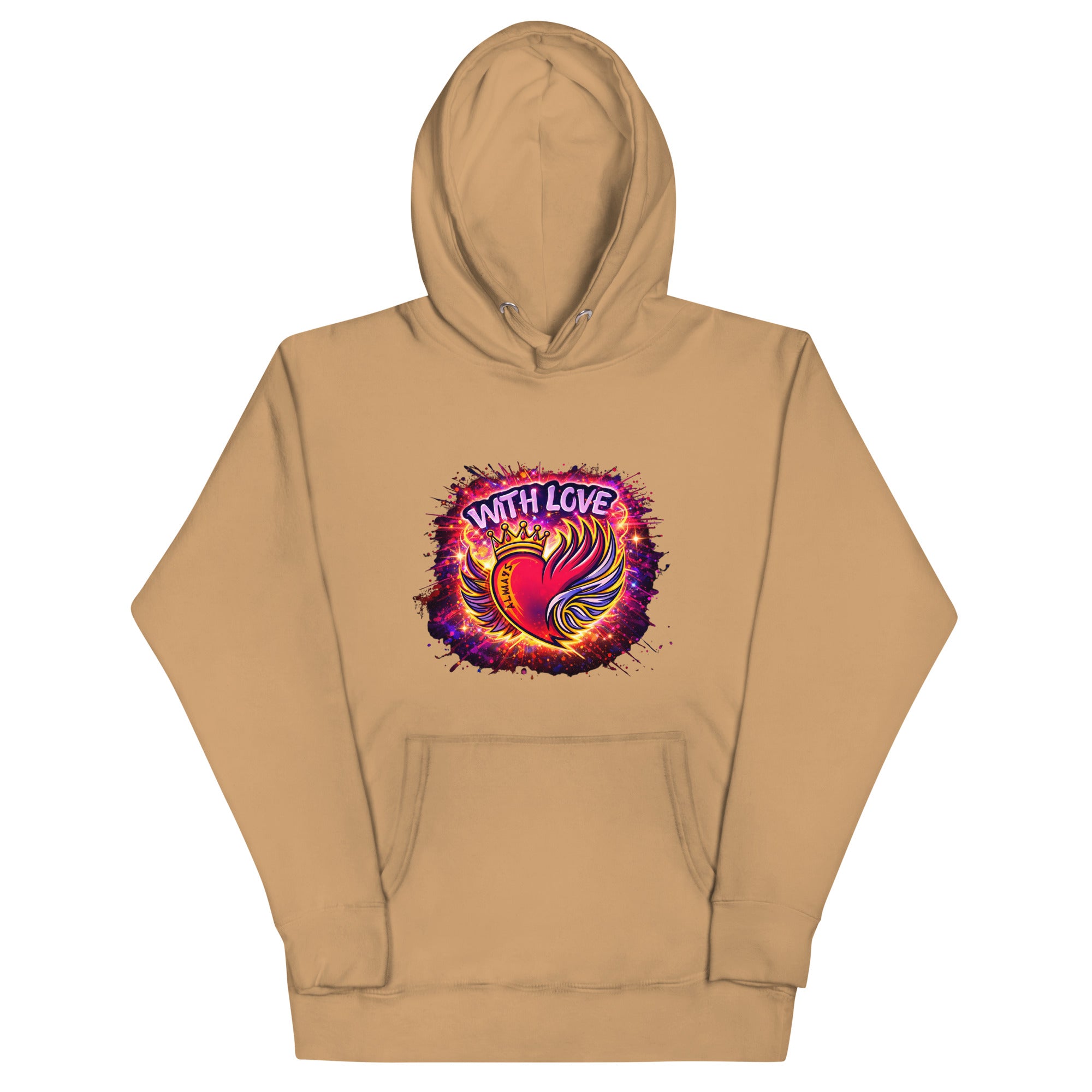 With Love Always graphic hoodie in Khaki with heart and wings design on plain background
