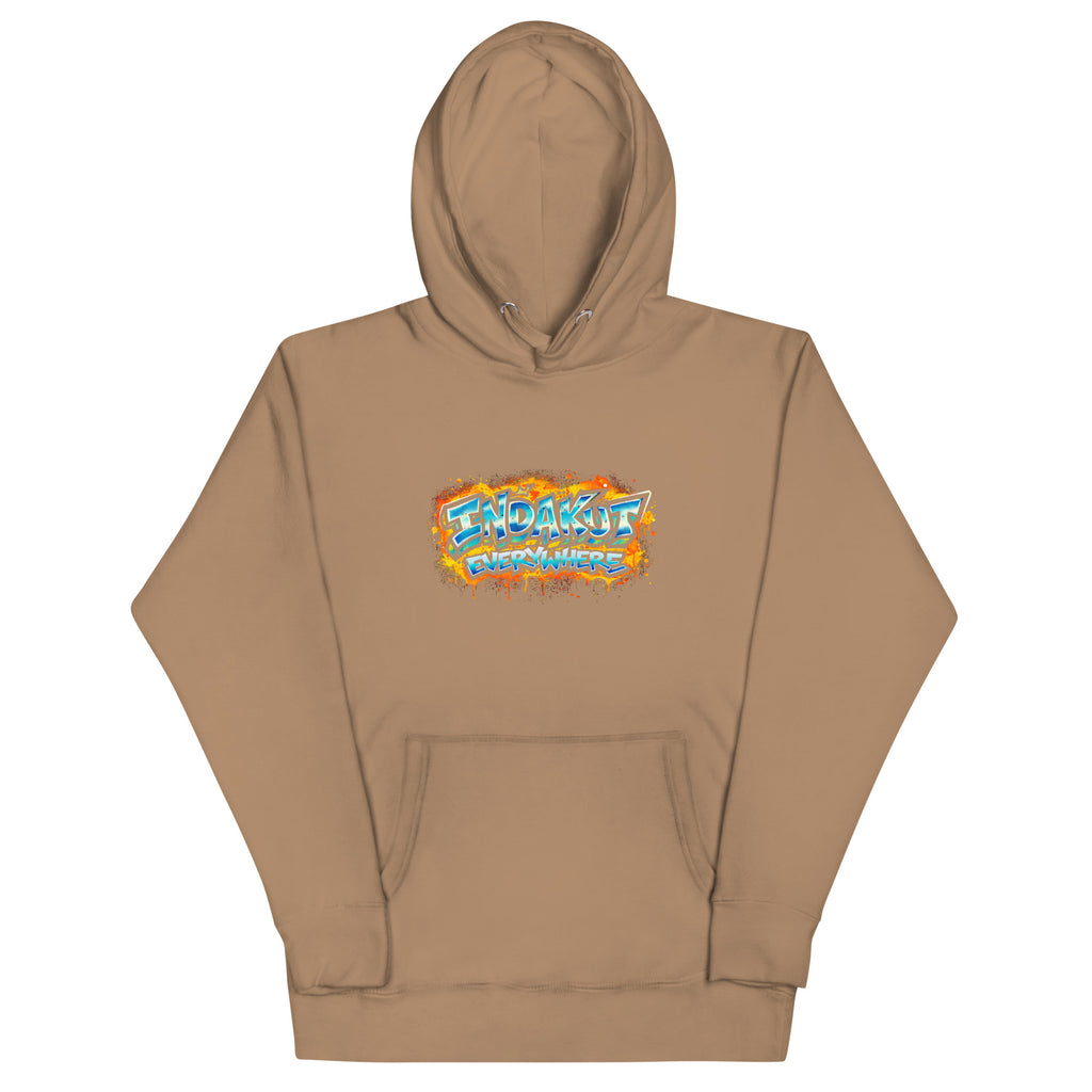 Indakut Everywhere signature hoodie in Latte with graffiti logo for streetwear style