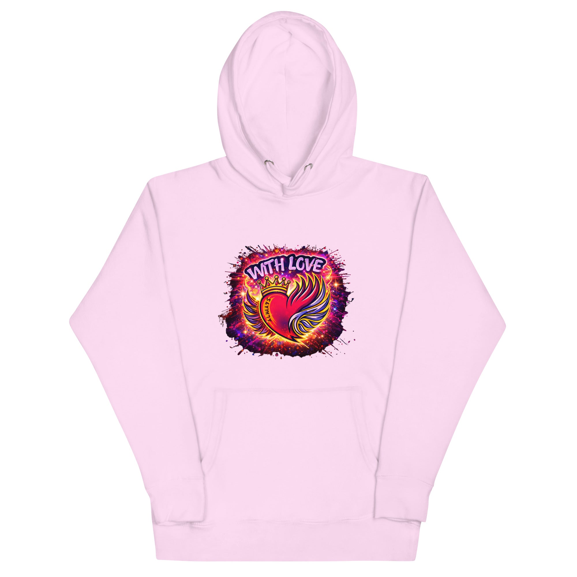 With Love Always graphic hoodie in Lavender with heart and wings design on plain background
