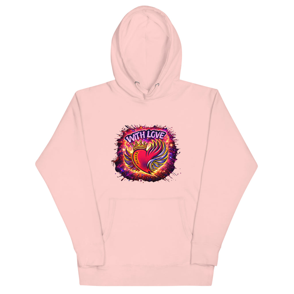 With Love Always graphic hoodie in Light Pink with heart and wings design on plain background