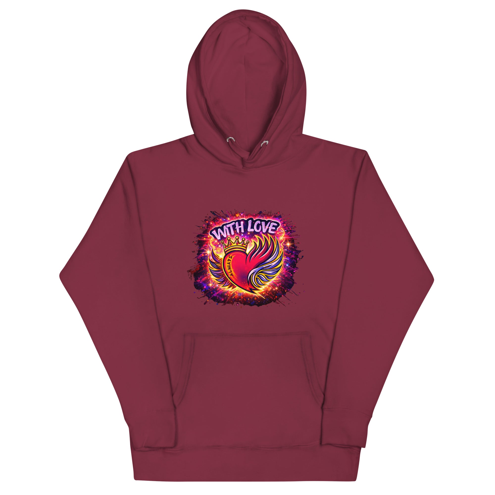 With Love Always graphic hoodie in Maroon with heart and wings design on plain background