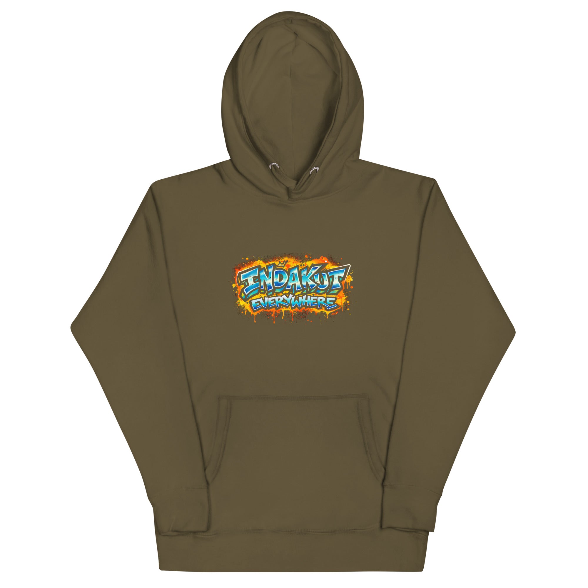 Indakut Everywhere signature hoodie in Military Green with graffiti logo for streetwear style