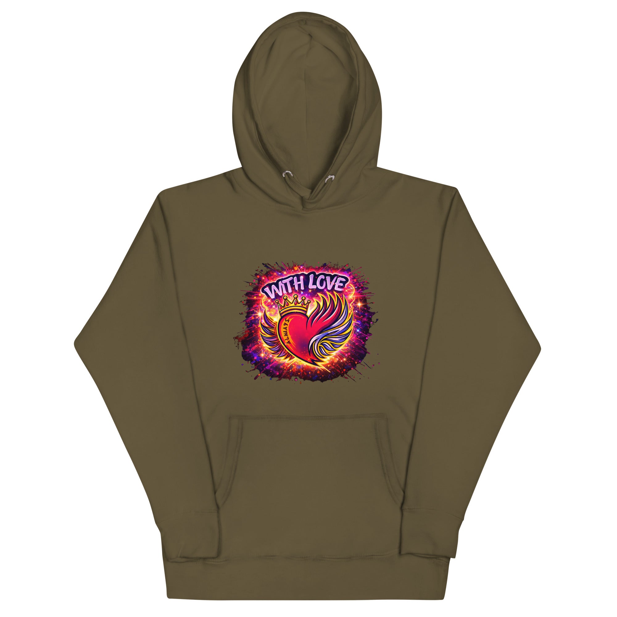 With Love Always graphic hoodie in Military Green with heart and wings design on plain background