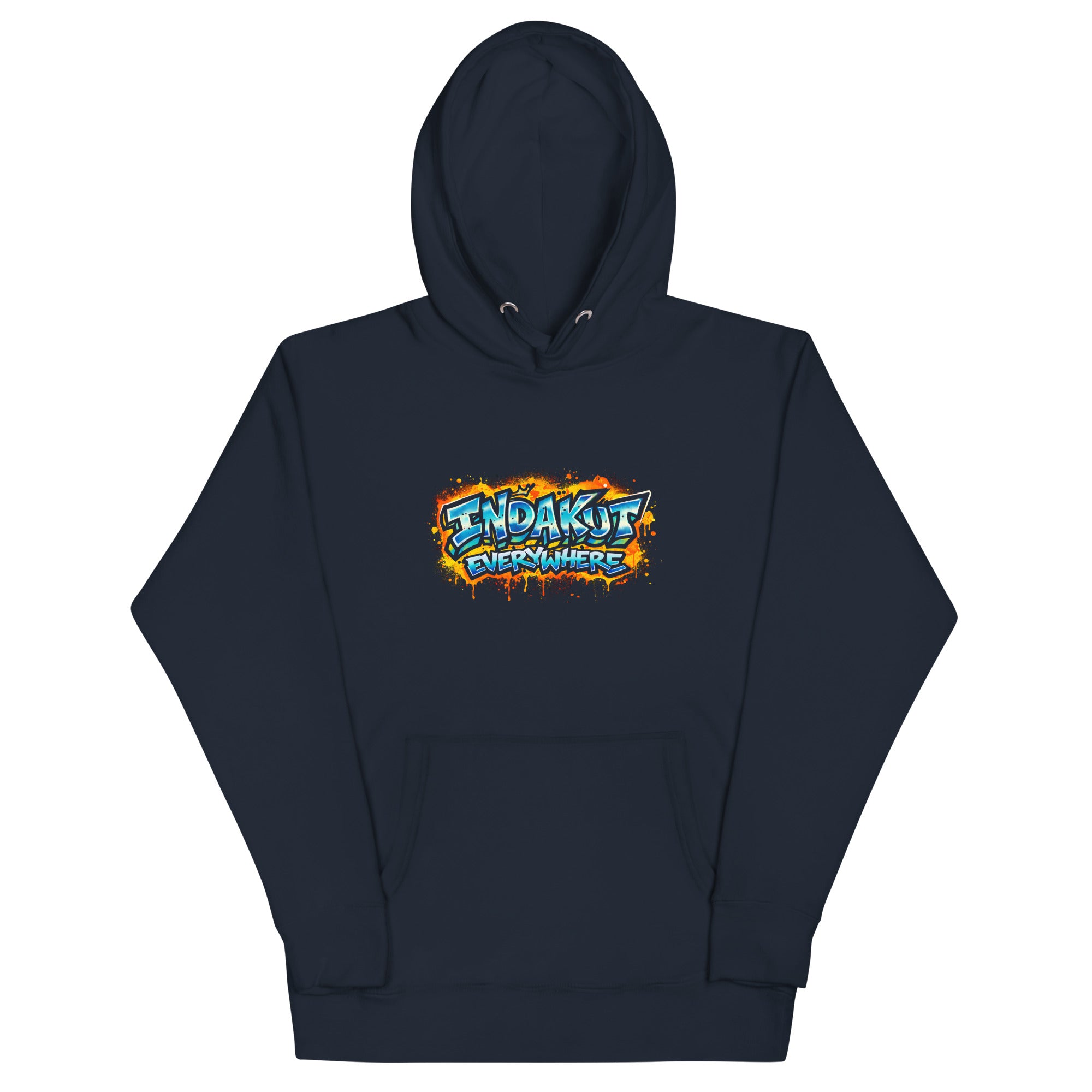 Indakut Everywhere signature hoodie in Navy Blazer with graffiti logo for streetwear style