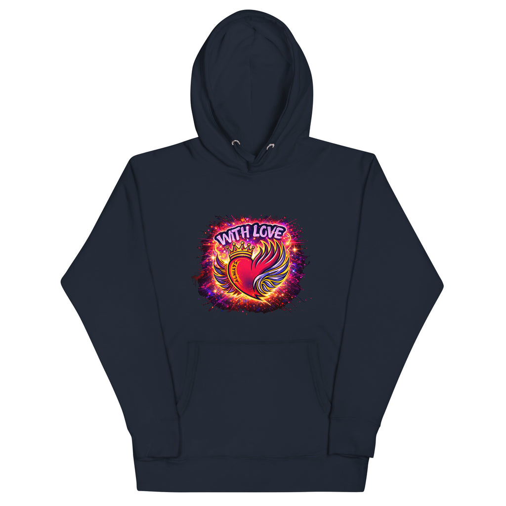 With Love Always graphic hoodie in Navy Blazer with heart and wings design on plain background