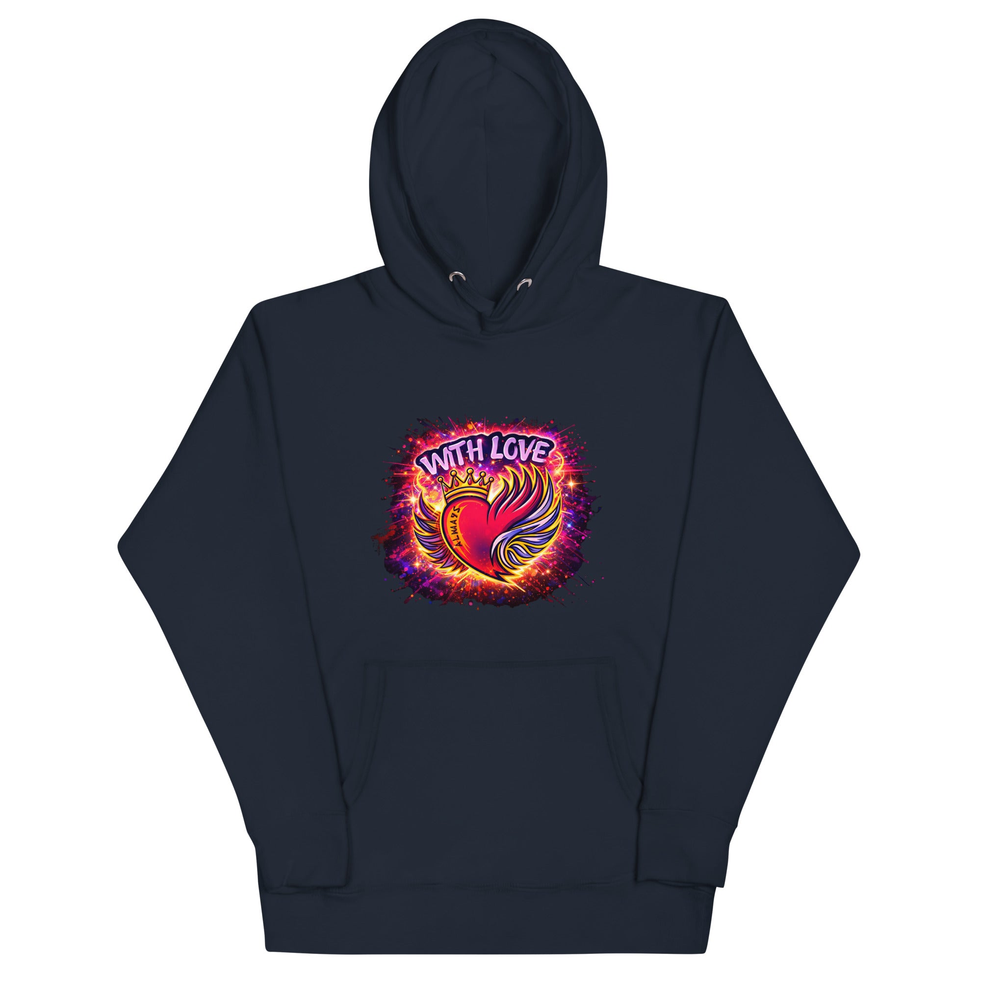 With Love Always graphic hoodie in Navy Blazer with heart and wings design on plain background