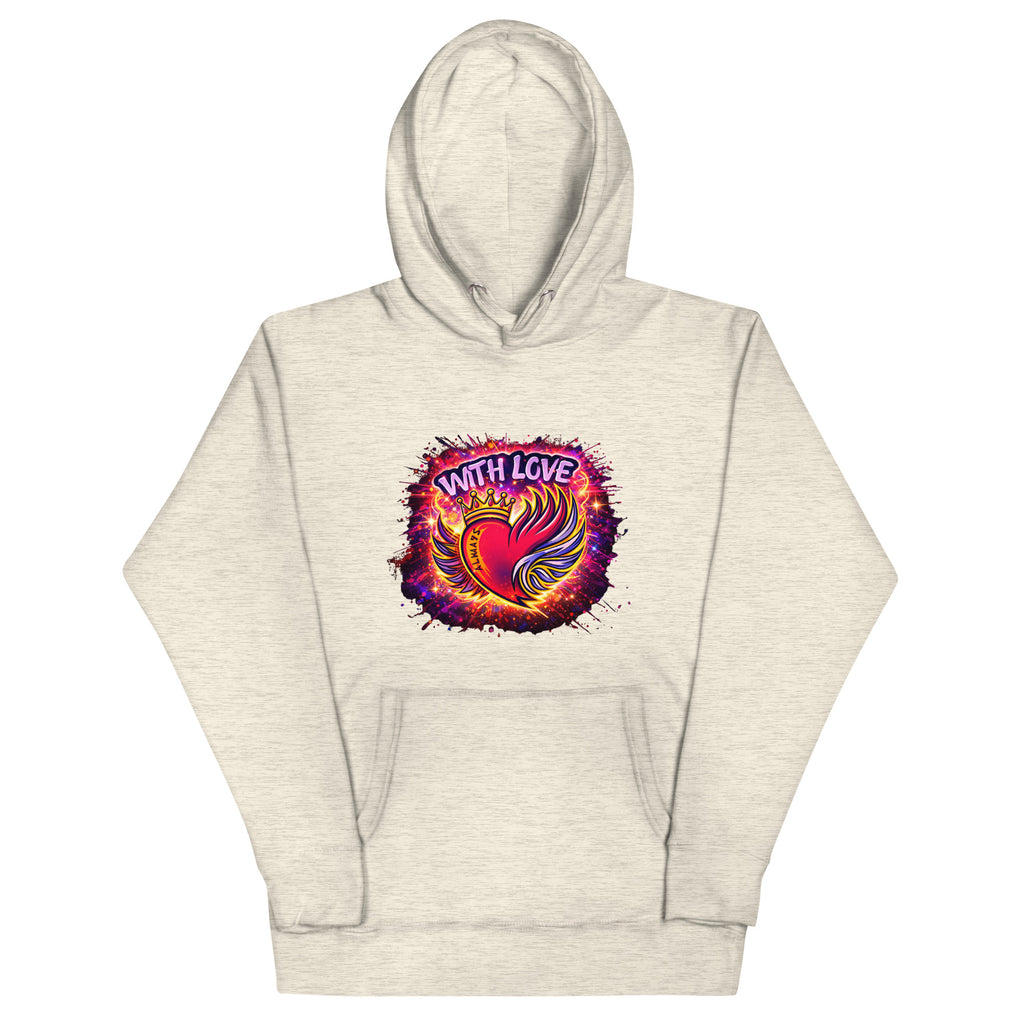 With Love Always graphic hoodie in Oatmeal Heather with heart and wings design on plain background