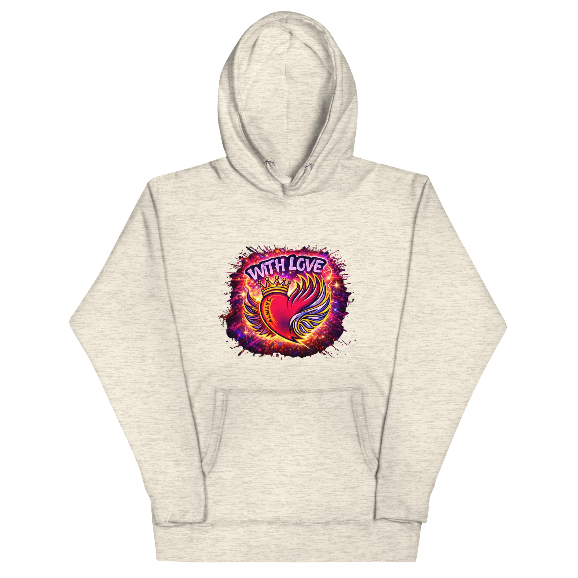 With Love Always graphic hoodie in Oatmeal Heather with heart and wings design on plain background
