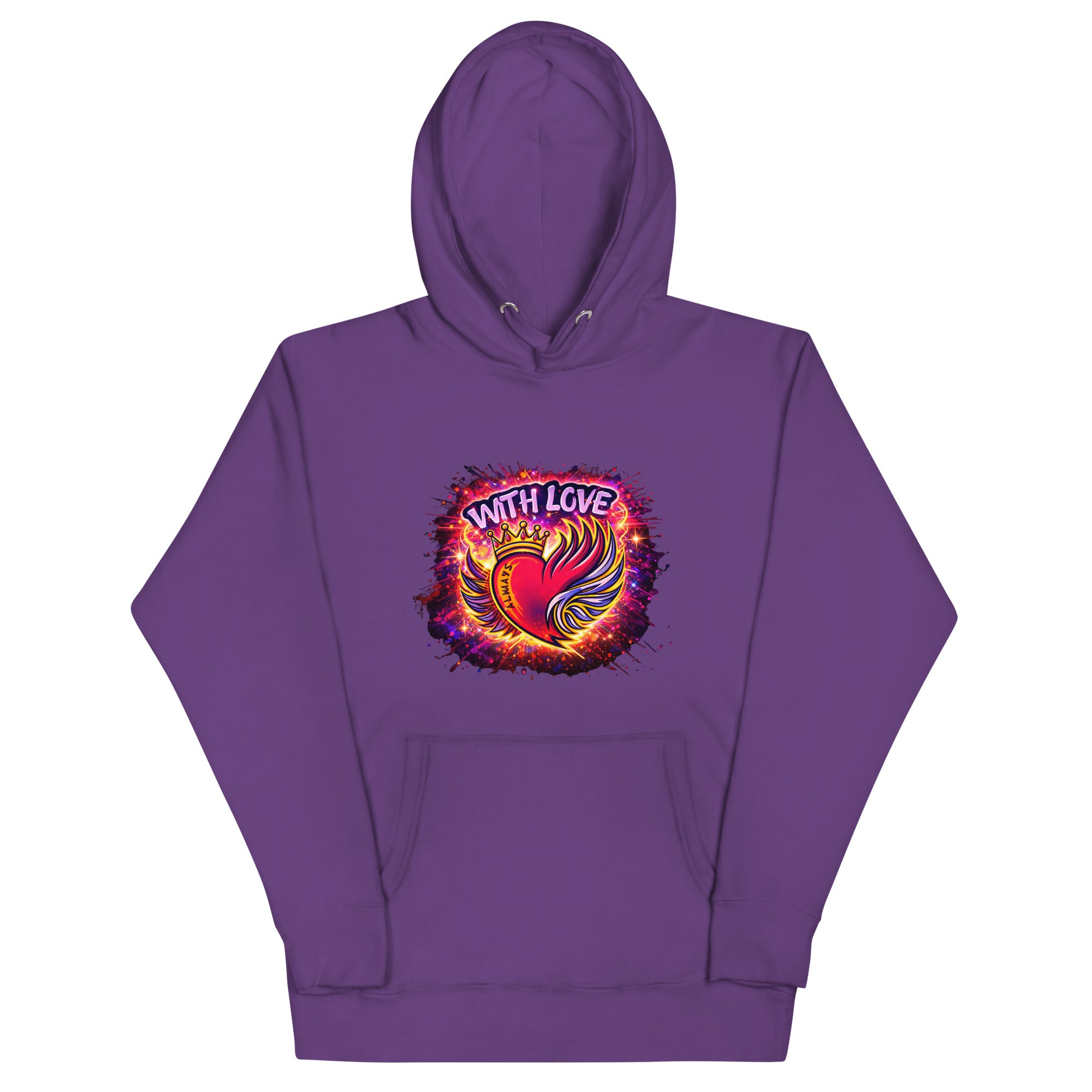 With Love Always graphic hoodie in Purple with heart and wings design on plain background