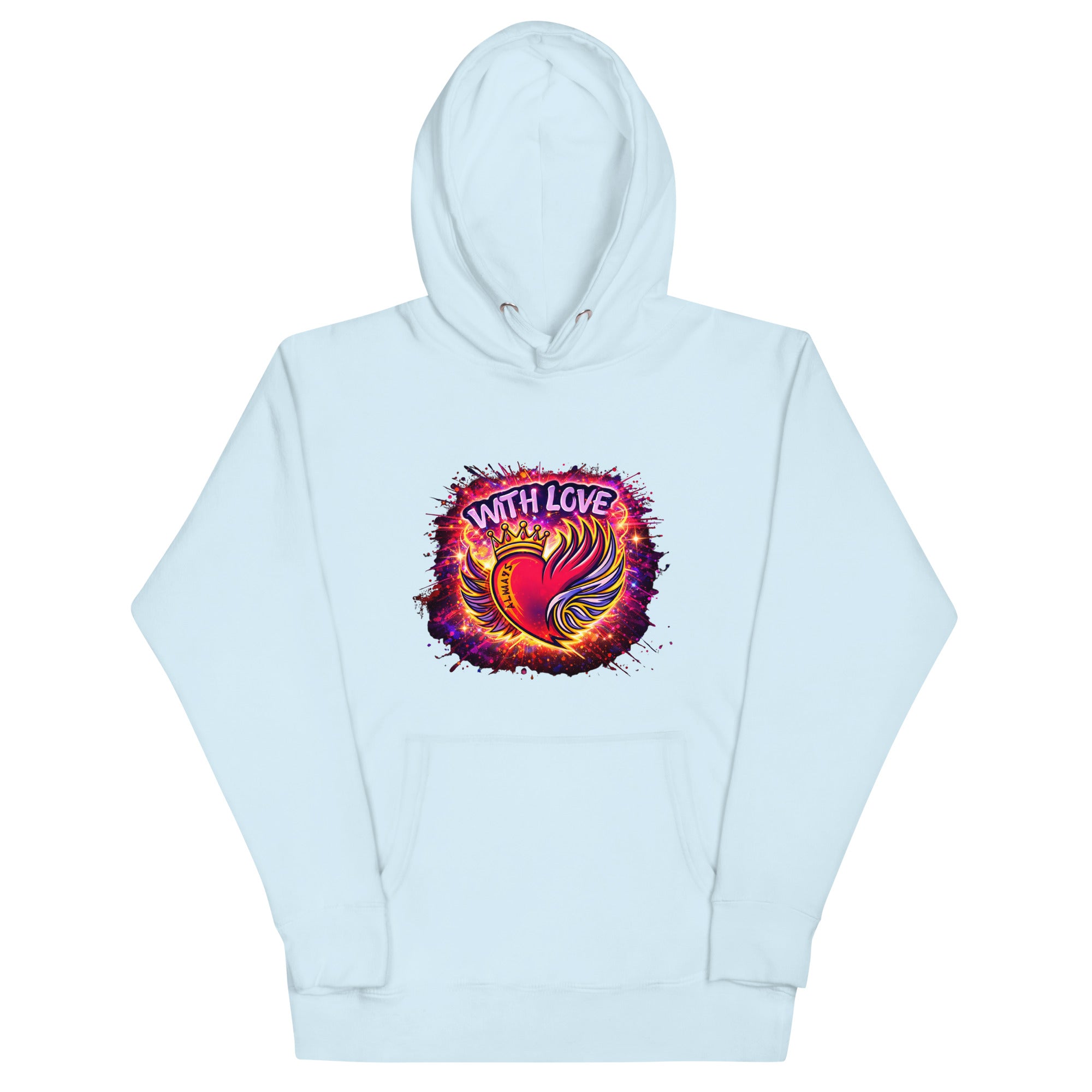 With Love Always graphic hoodie in Sky Blue with heart and wings design on plain background