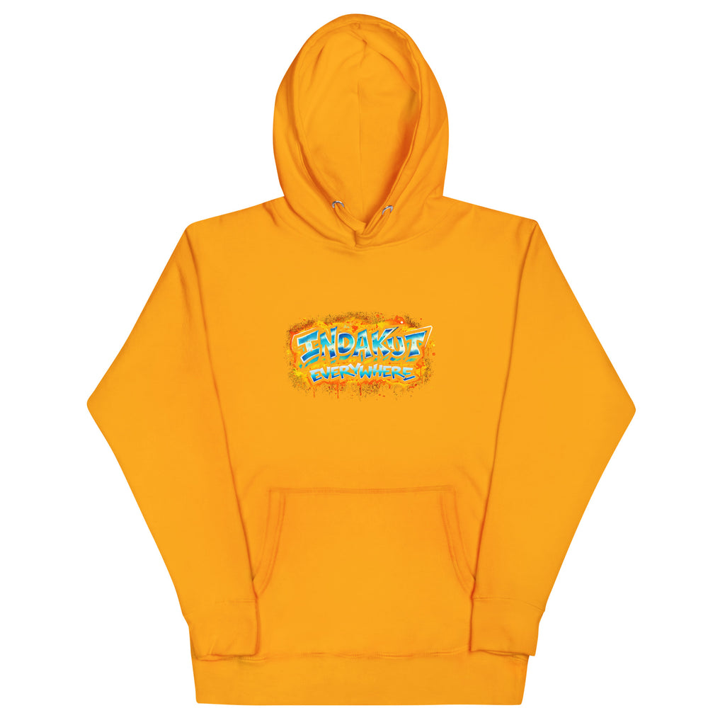 Indakut Everywhere signature hoodie in Team Gold with graffiti logo for streetwear style