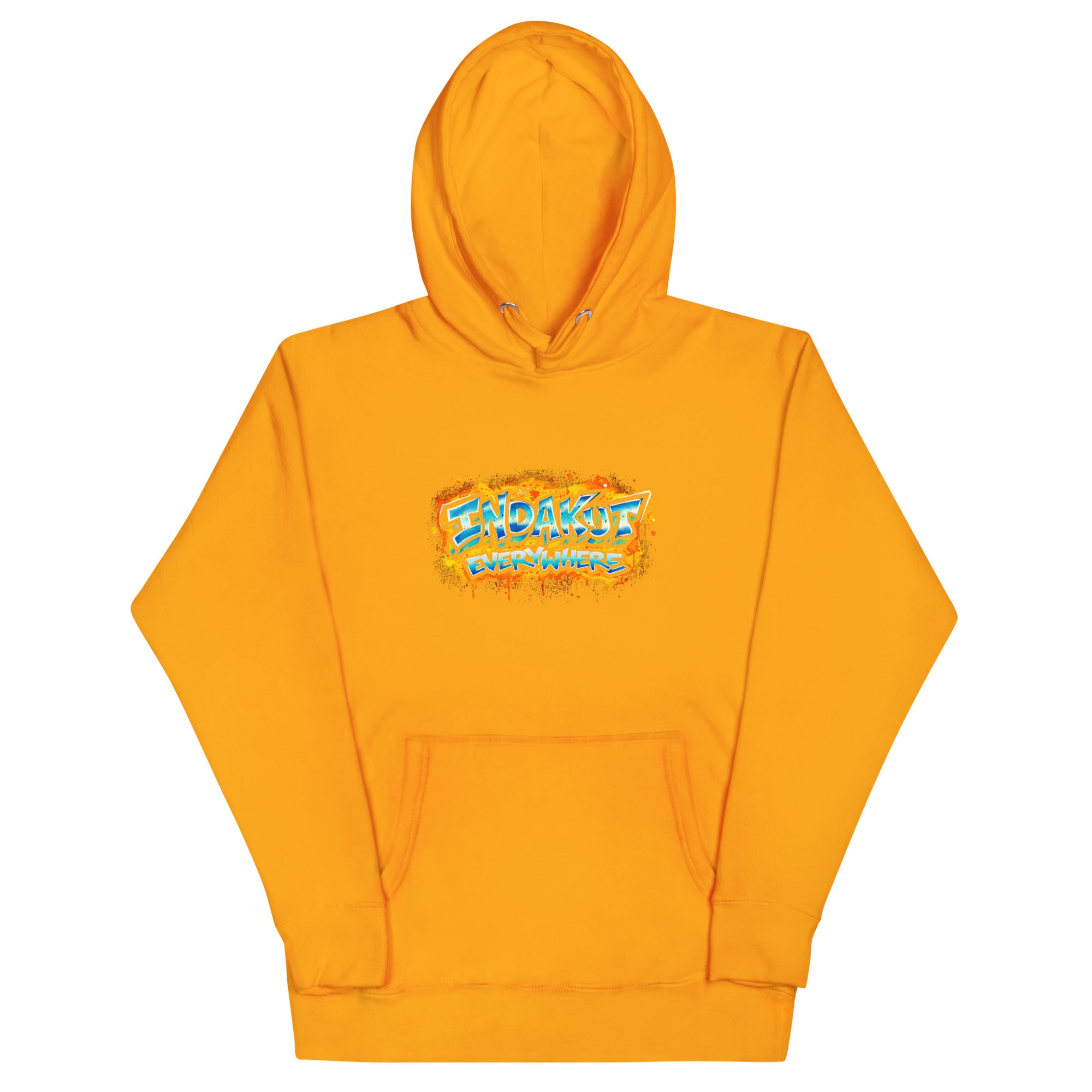 Indakut Everywhere signature hoodie in Team Gold with graffiti logo for streetwear style
