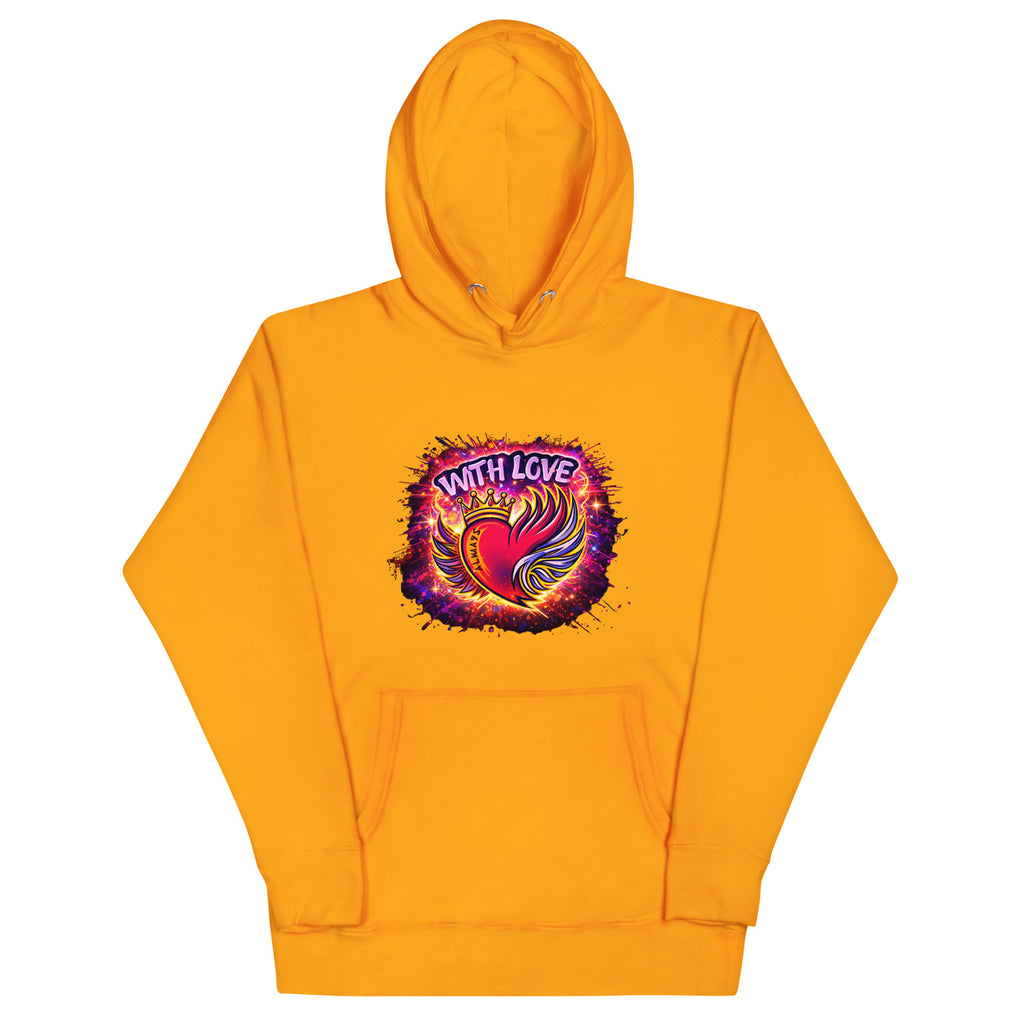 With Love Always graphic hoodie in Team Gold with heart and wings design on plain background