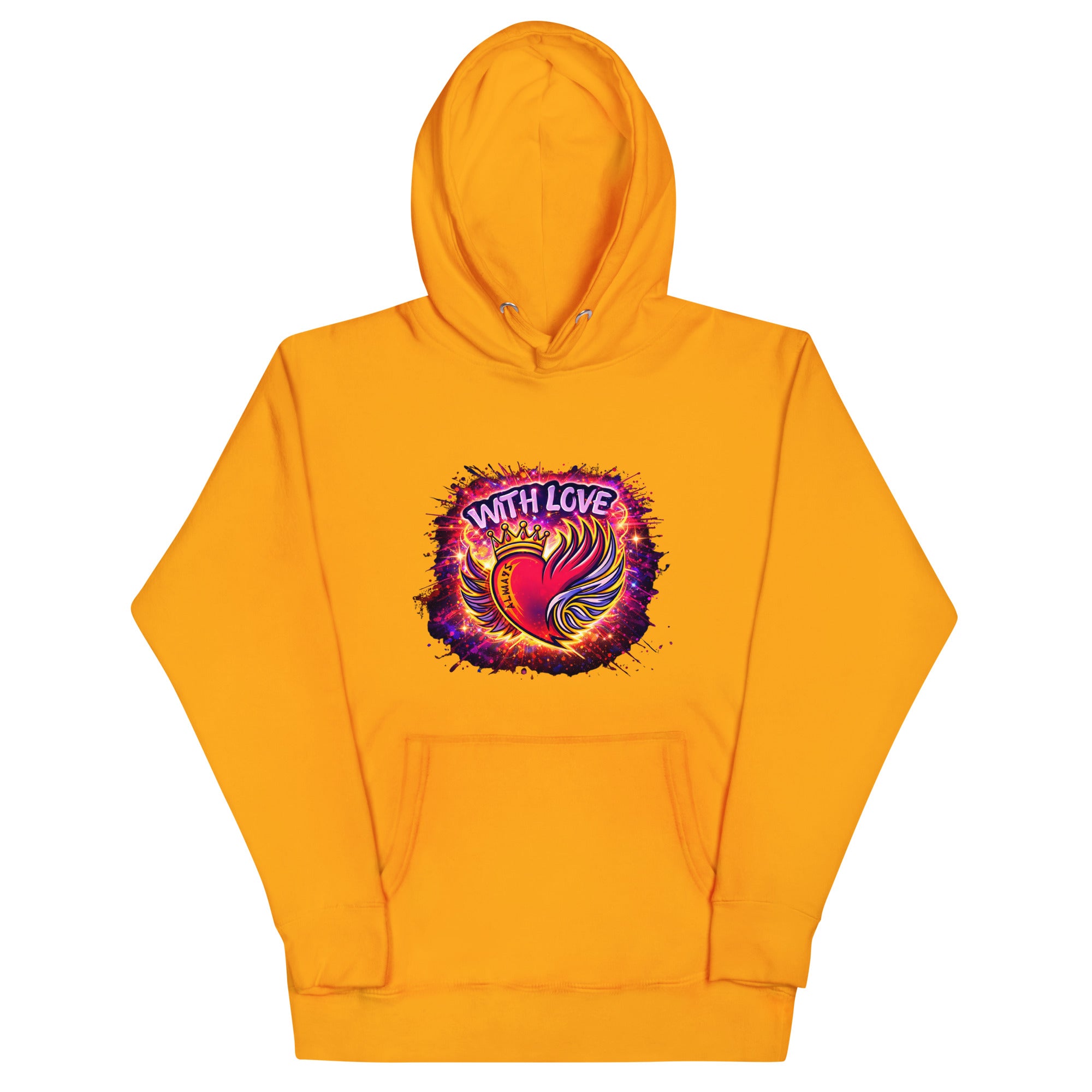 With Love Always graphic hoodie in Team Gold with heart and wings design on plain background