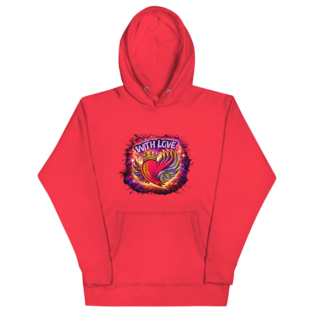 With Love Always graphic hoodie in Team Red with heart and wings design on plain background