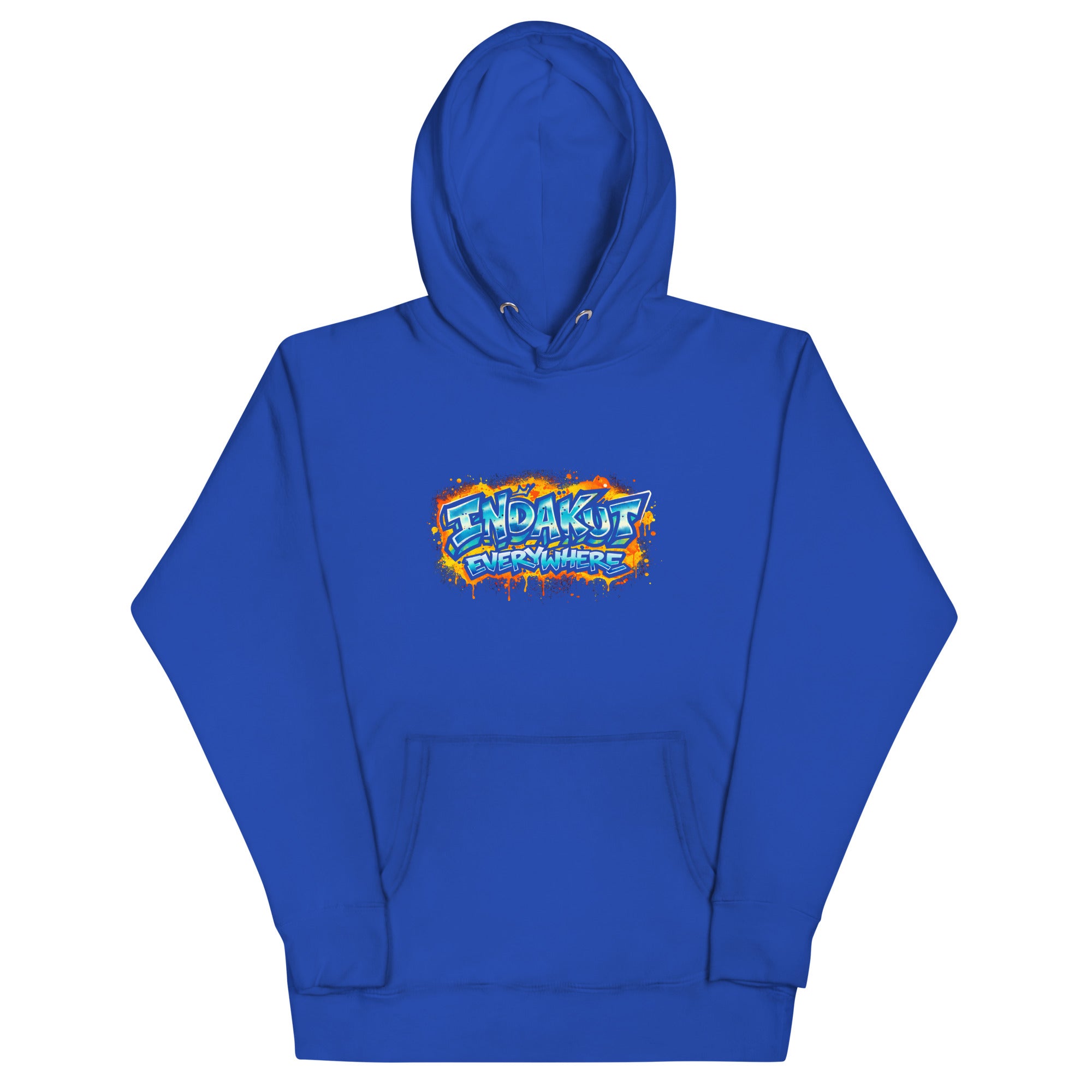 Indakut Everywhere signature hoodie in Team Royal with graffiti logo for streetwear style