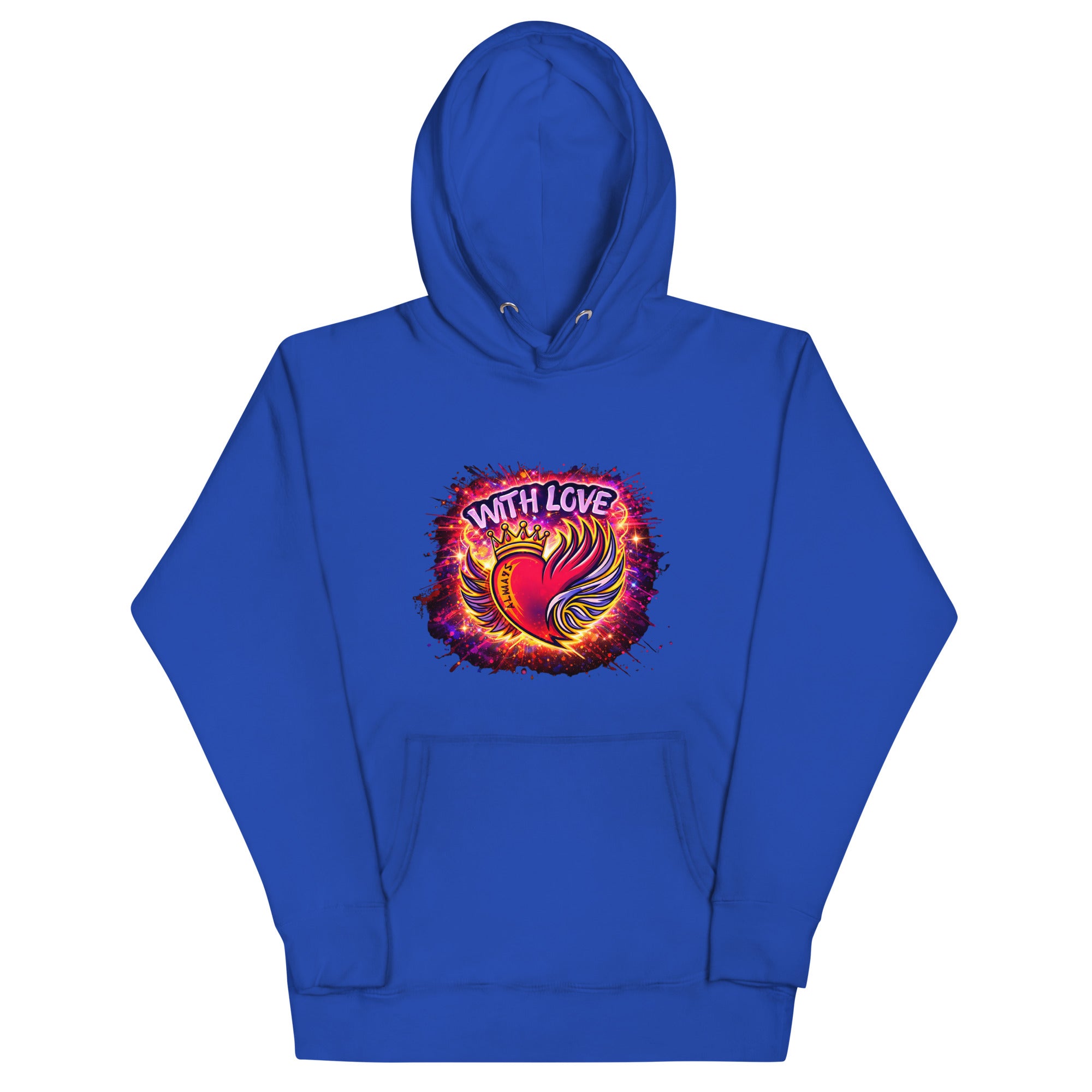 With Love Always graphic hoodie in Team Royal with heart and wings design on plain background
