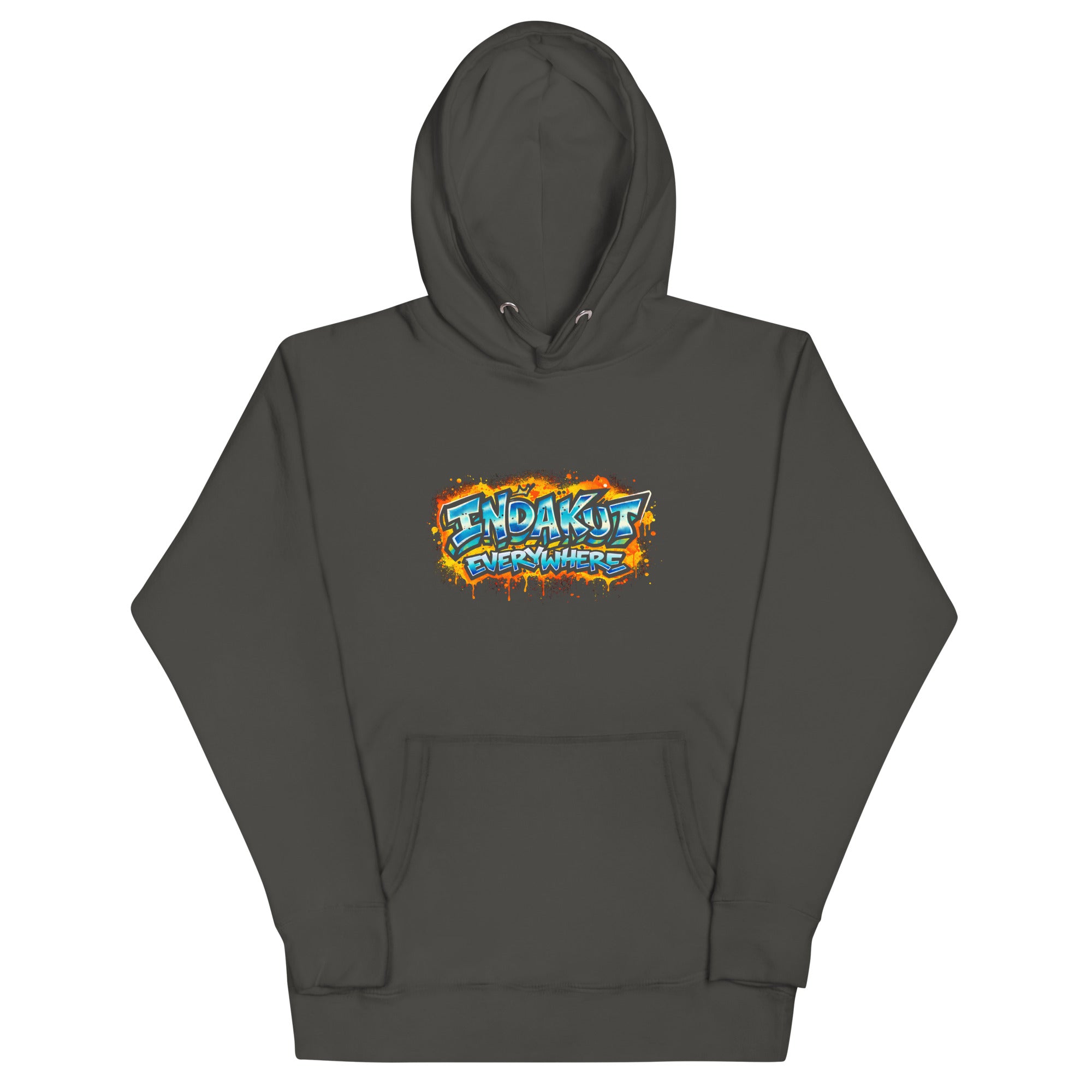 Indakut Everywhere signature hoodie in Vintage Black with graffiti logo for streetwear style