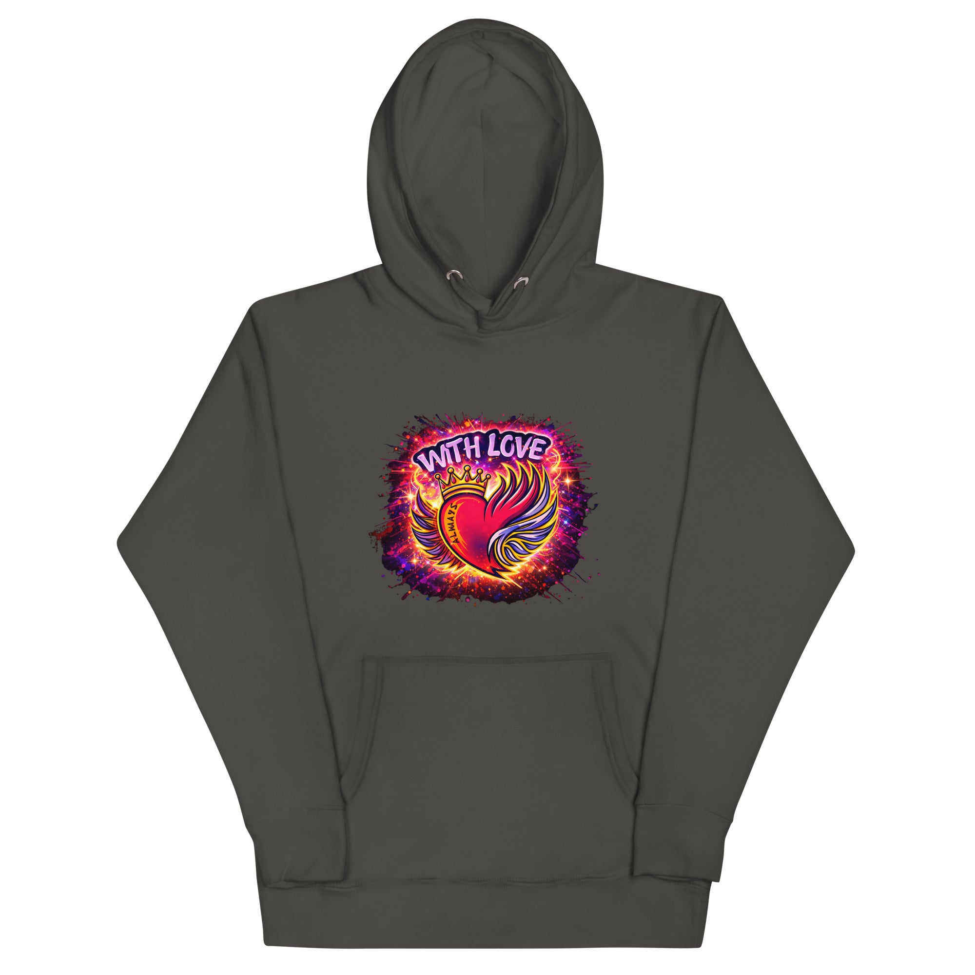 With Love Always graphic hoodie in Vintage Black with heart and wings design on plain background