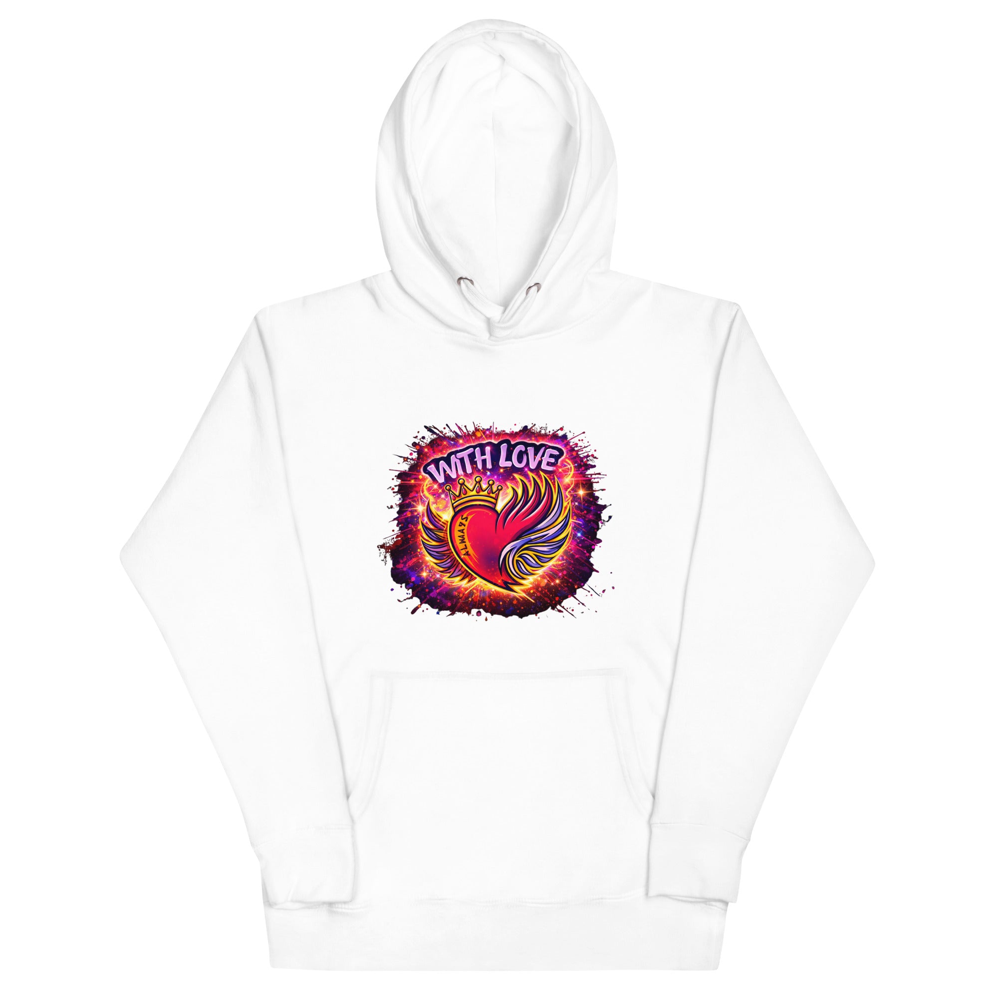 With Love Always graphic hoodie in White with heart and wings design on plain background