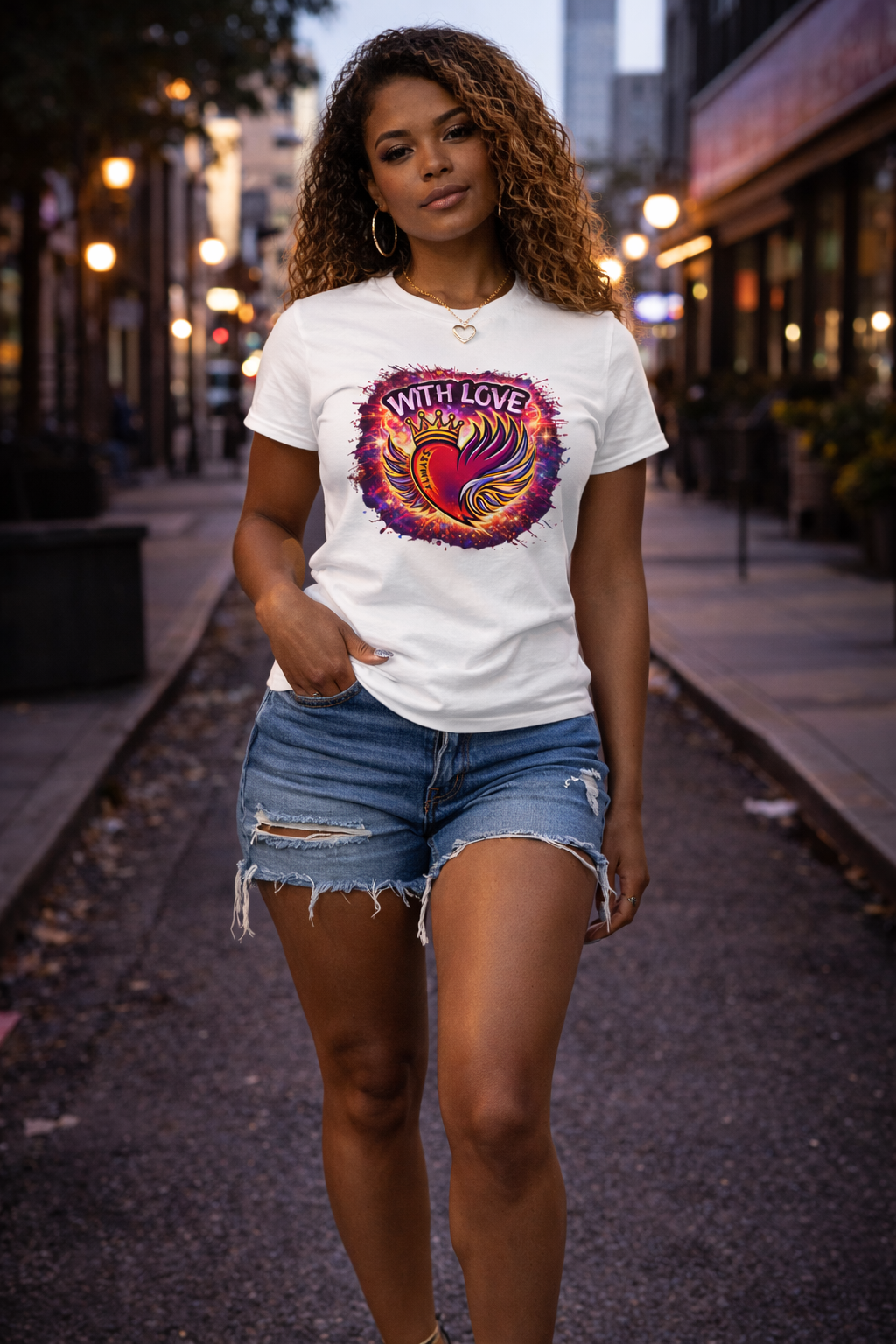 Woman wearing white With Love Always graphic t-shirt with heart and wings design in city street