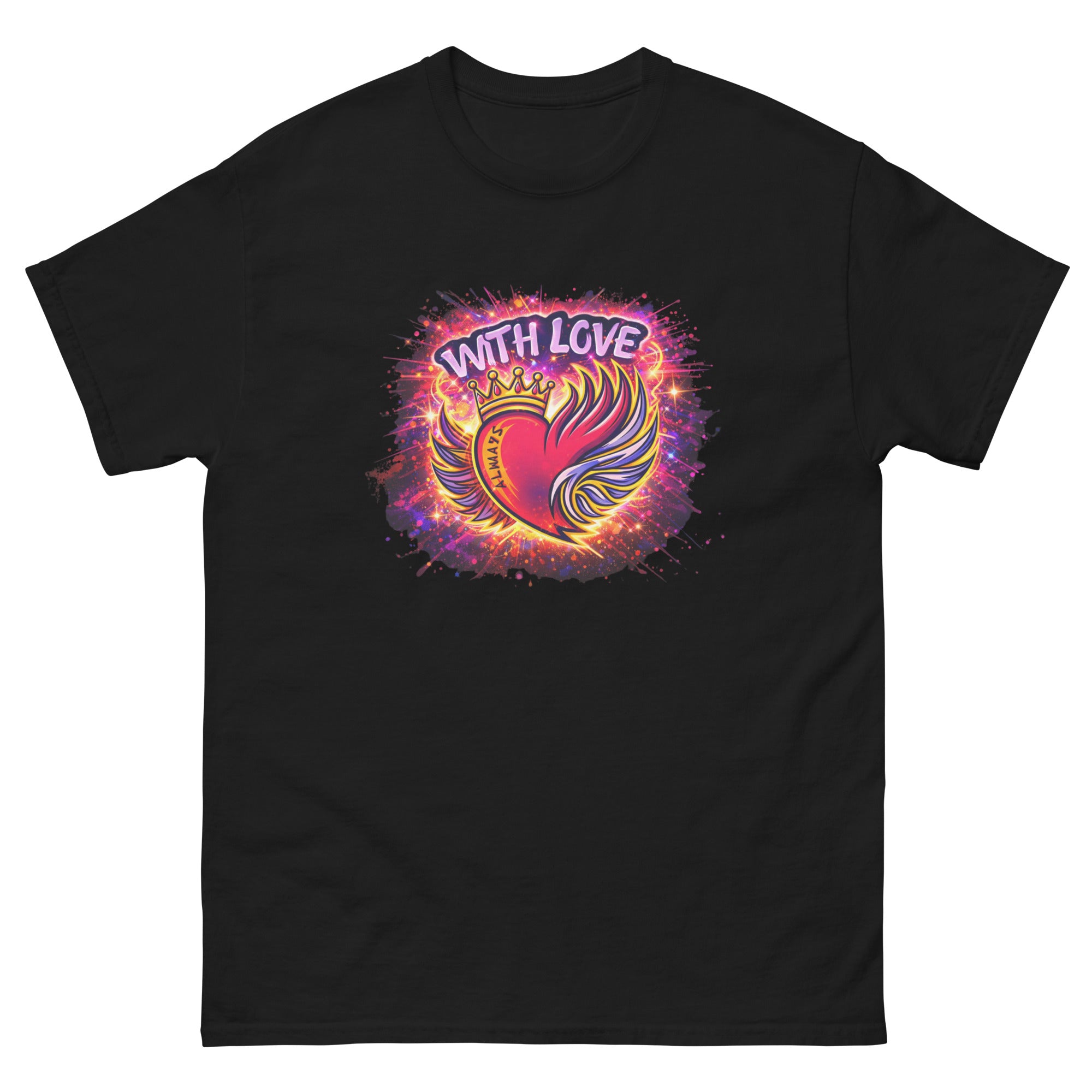 With Love Always graphic t-shirt in Black with heart and wings design on plain background