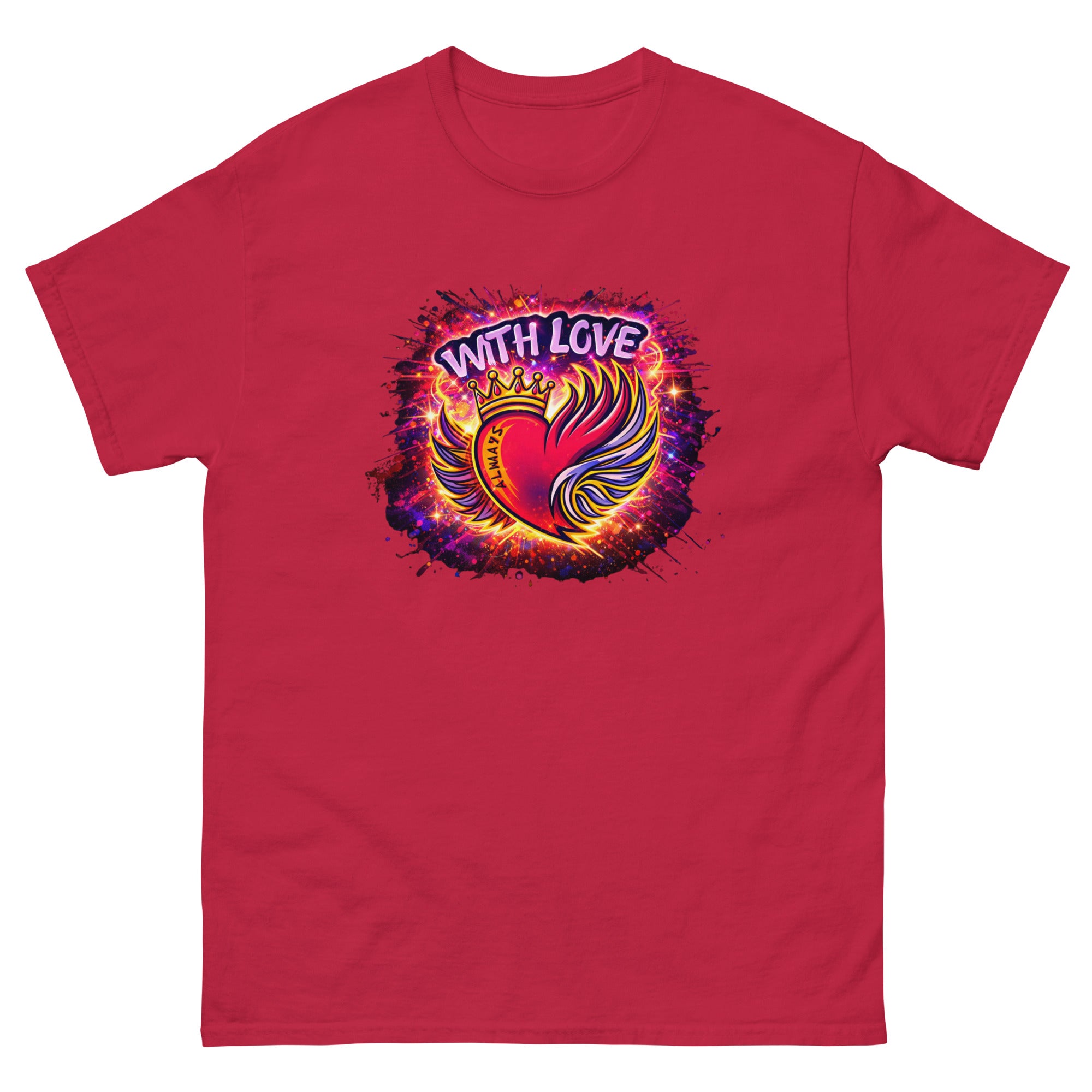 With Love Always graphic t-shirt in Cardinal with heart and wings design on plain background