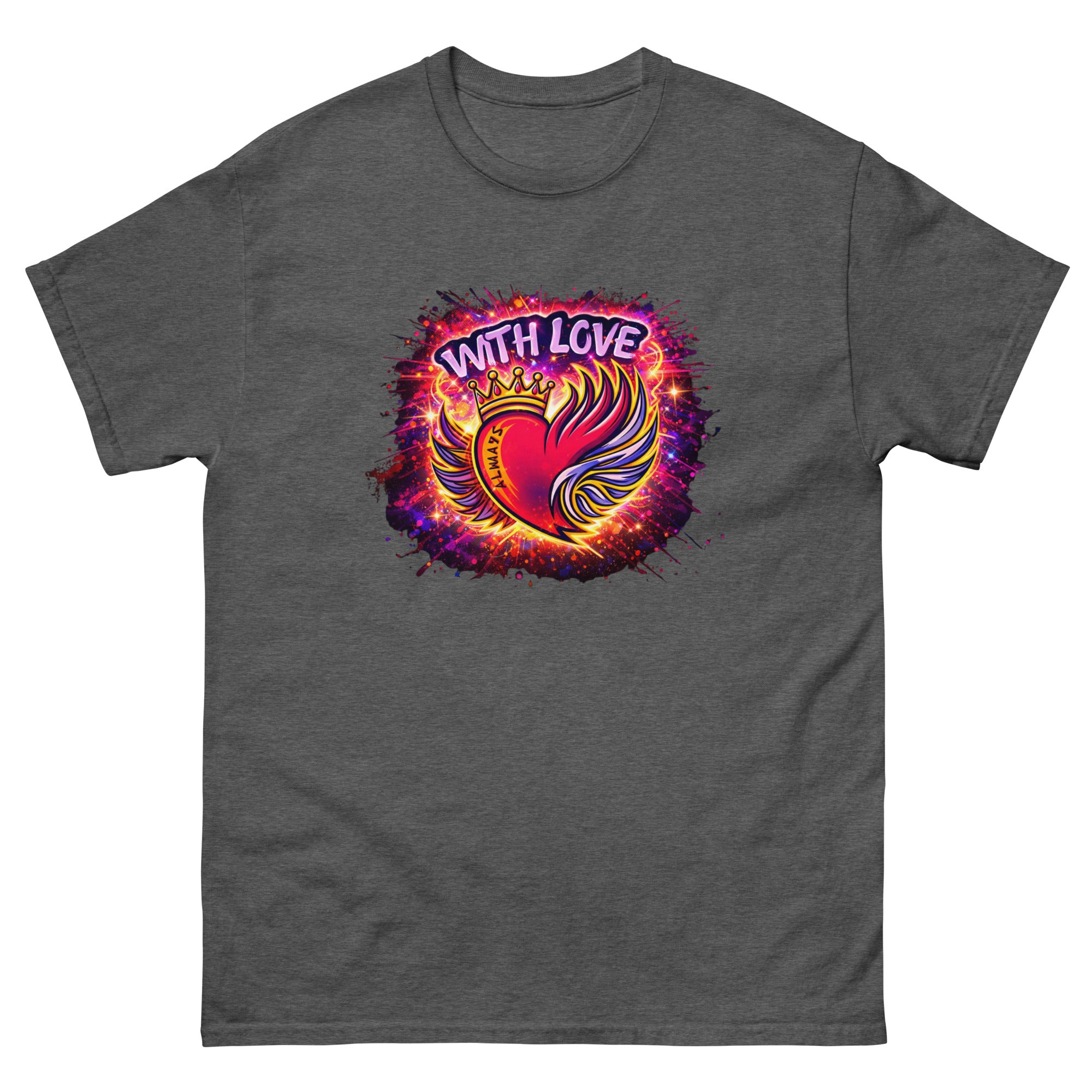 With Love Always graphic t-shirt in Dark Heather with heart and wings design on plain background