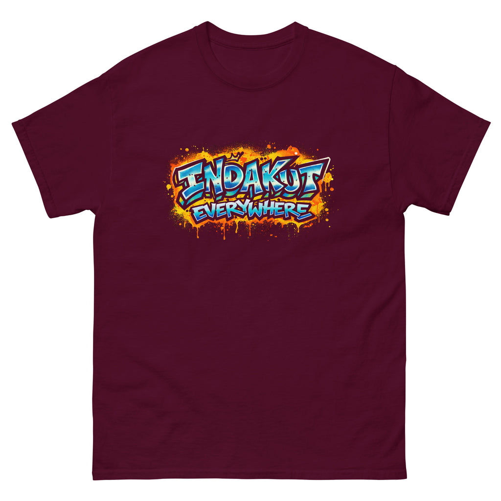 Indakut Everywhere classic t-shirt in Maroon with graffiti logo design for streetwear apparel