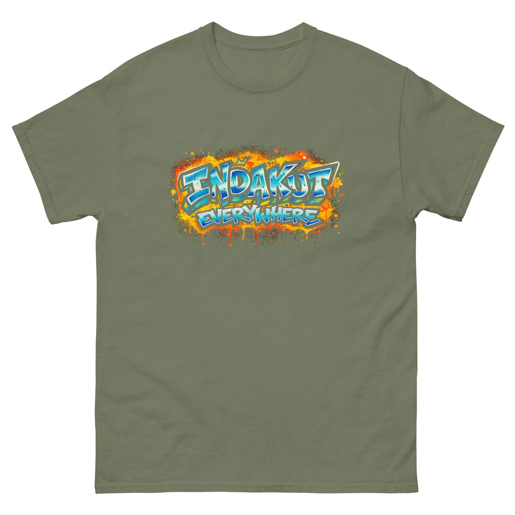 Indakut Everywhere classic t-shirt in Military Green with graffiti logo design for streetwear apparel