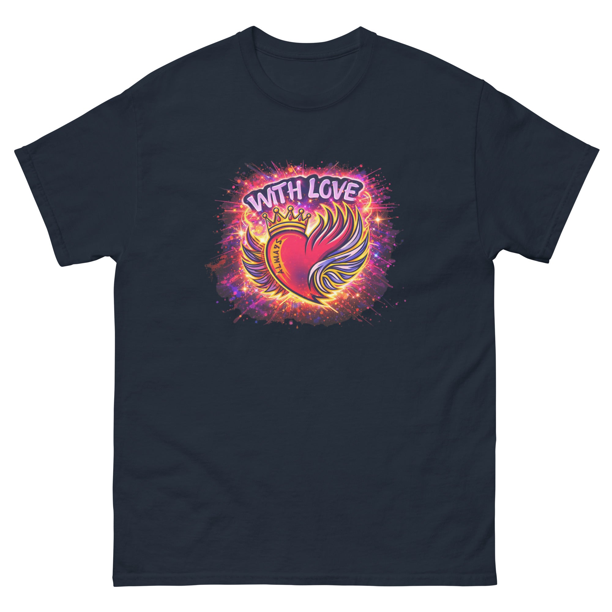 With Love Always graphic t-shirt in Navy with heart and wings design on plain background