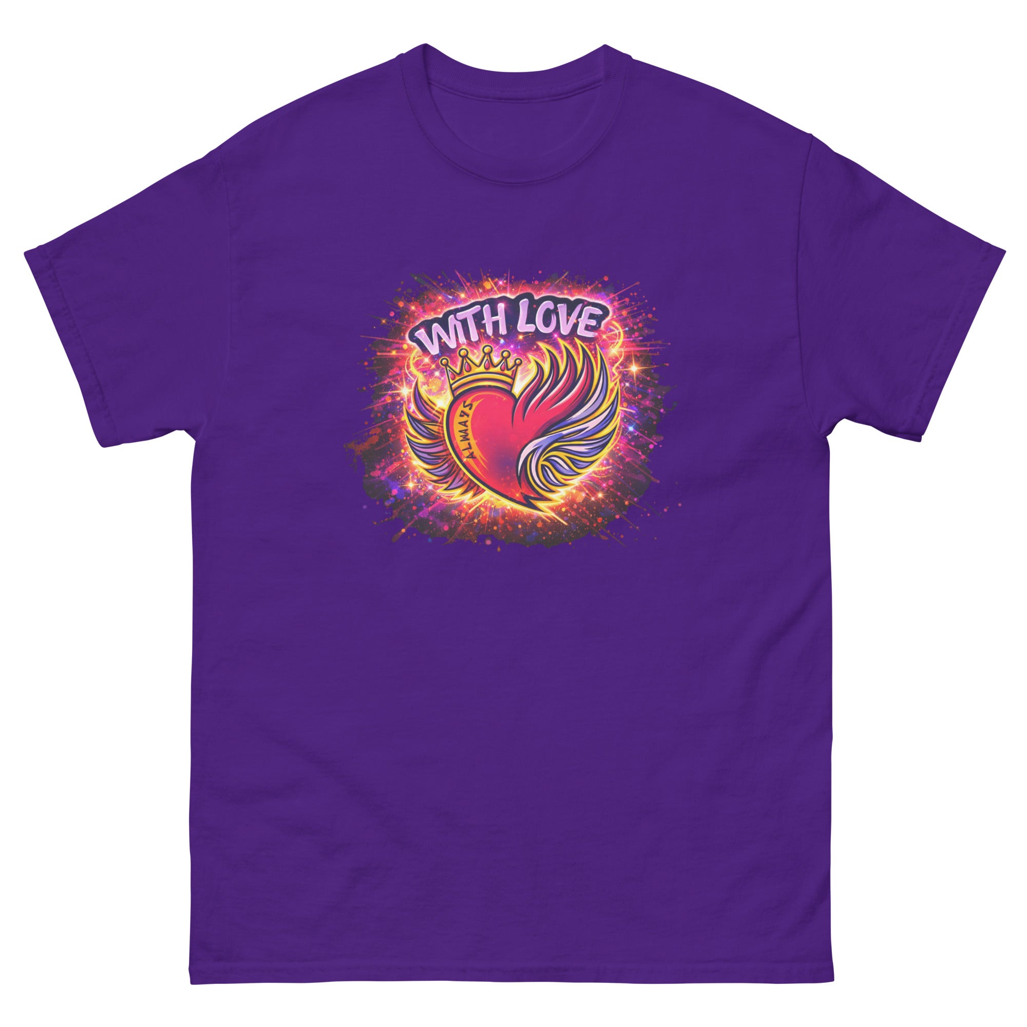 With Love Always graphic t-shirt in Purple with heart and wings design on plain background