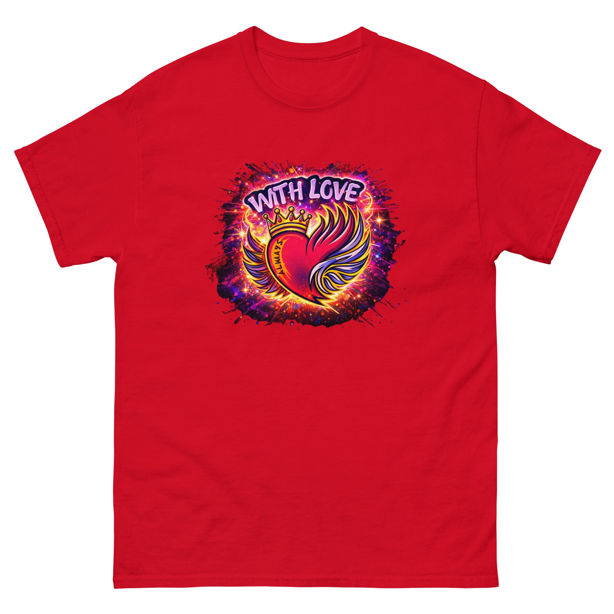 With Love Always graphic t-shirt in Red with heart and wings design on plain background