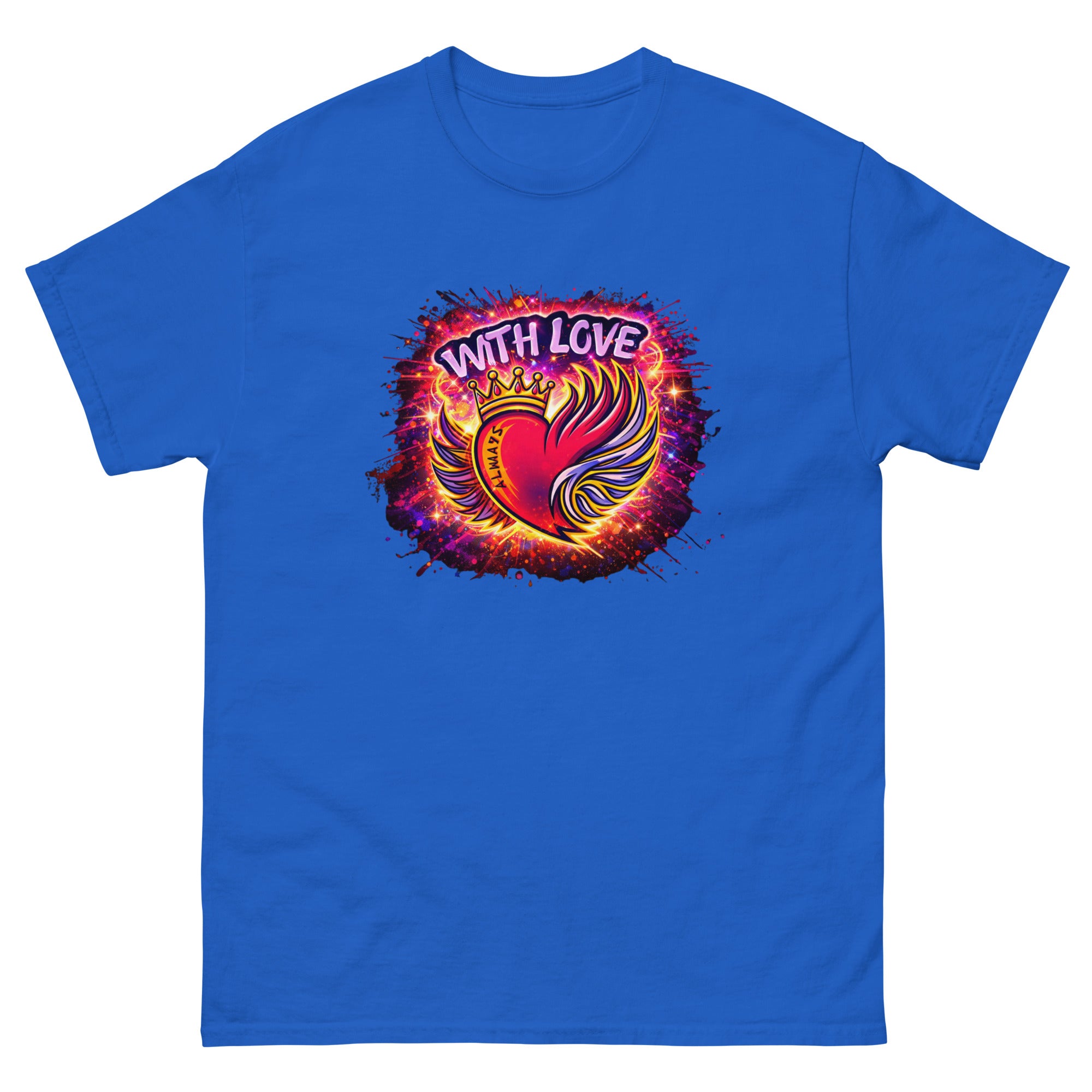 With Love Always graphic t-shirt in Royal with heart and wings design on plain background