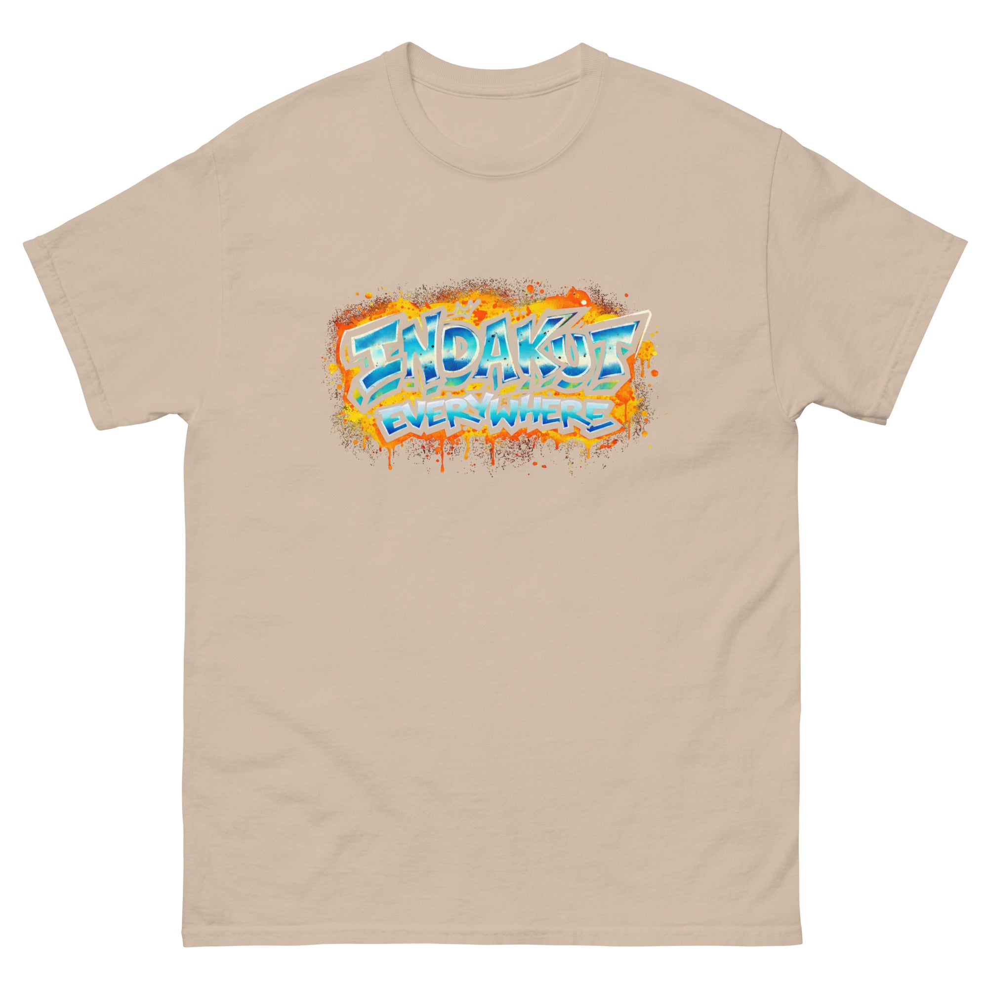 Indakut Everywhere classic t-shirt in Sand with graffiti logo design for streetwear apparel