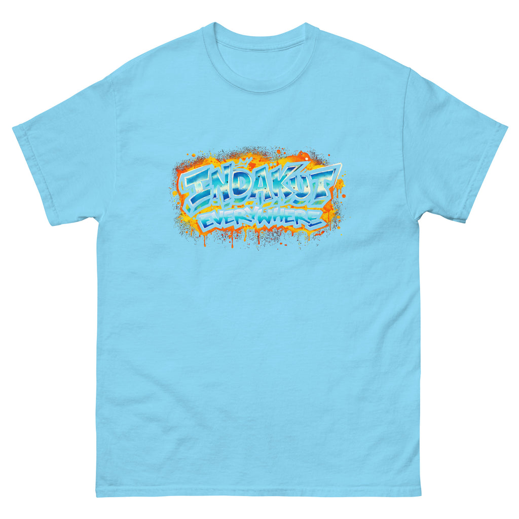 Indakut Everywhere classic t-shirt in Sky with graffiti logo design for streetwear apparel