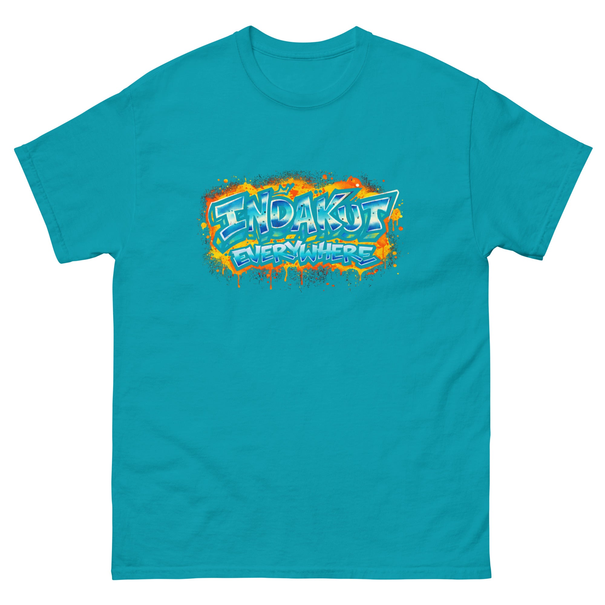 Indakut Everywhere classic t-shirt in Tropical Blue with graffiti logo design for streetwear apparel