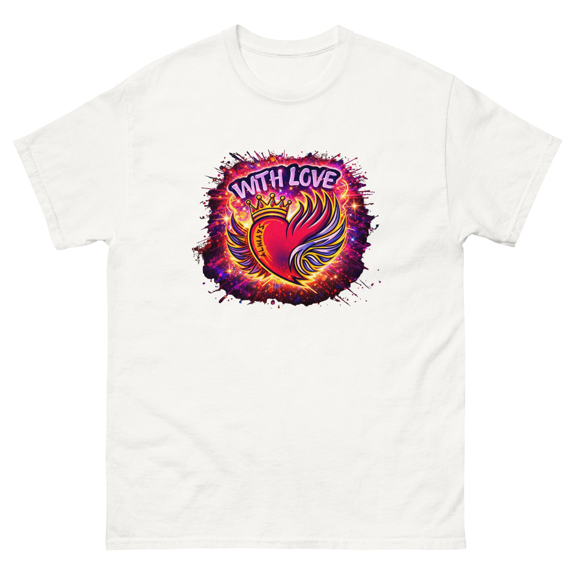 With Love Always graphic t-shirt in White with heart and wings design on plain background