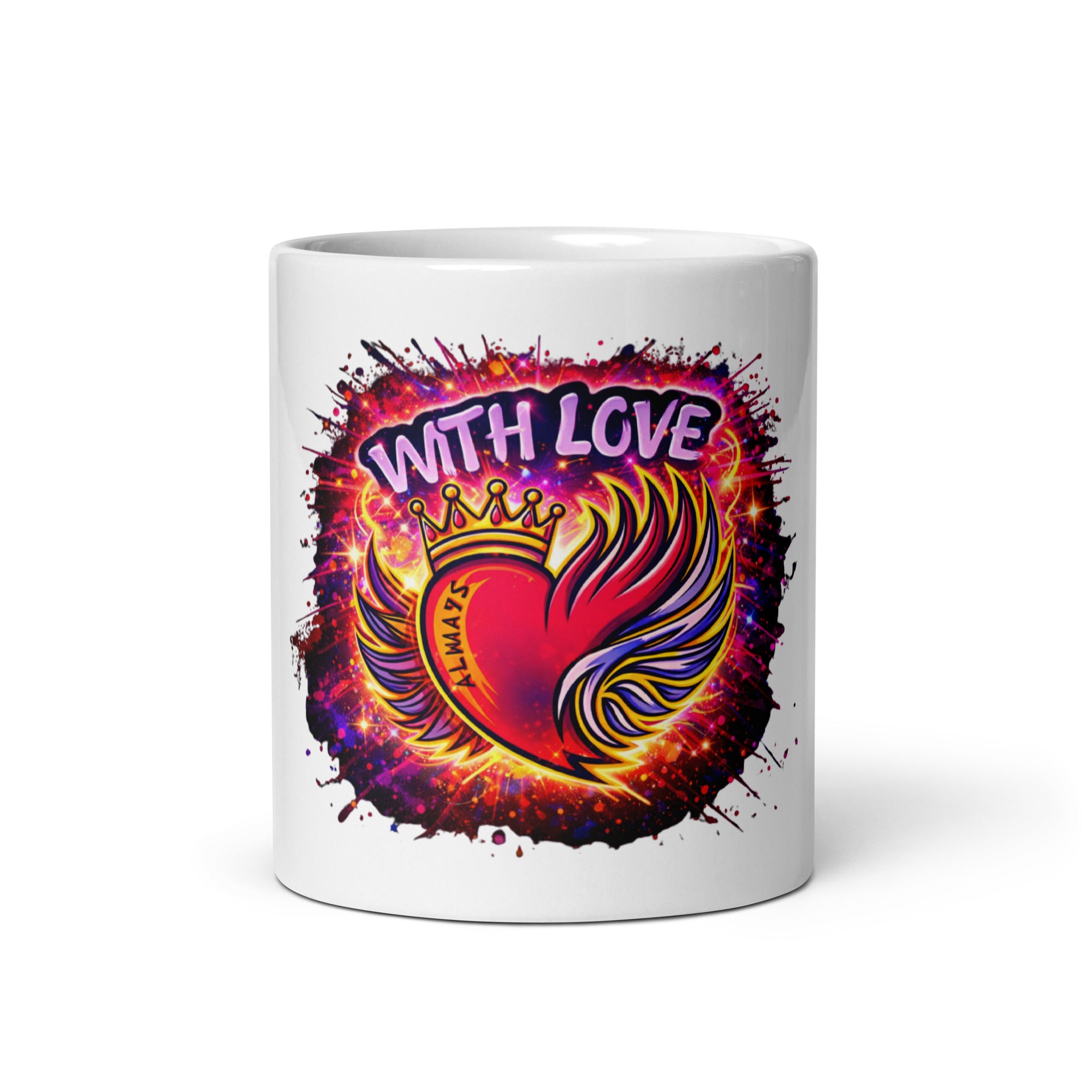 With Love Always graphic coffee mug 11 oz white ceramic with heart and wings design front view