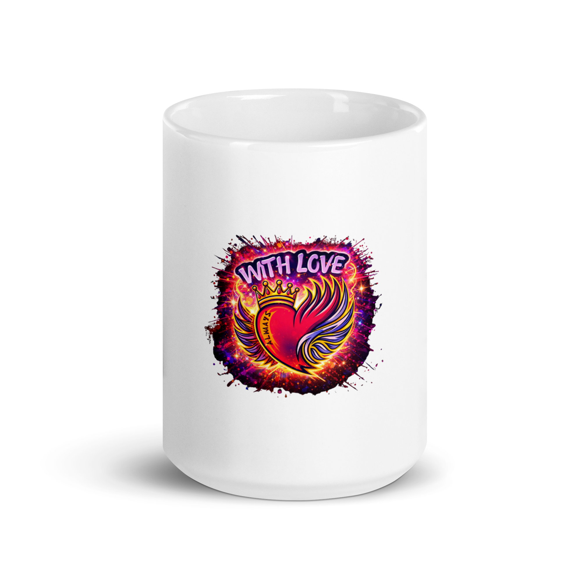 With Love Always graphic coffee mug 15 oz white ceramic with colorful heart design front view