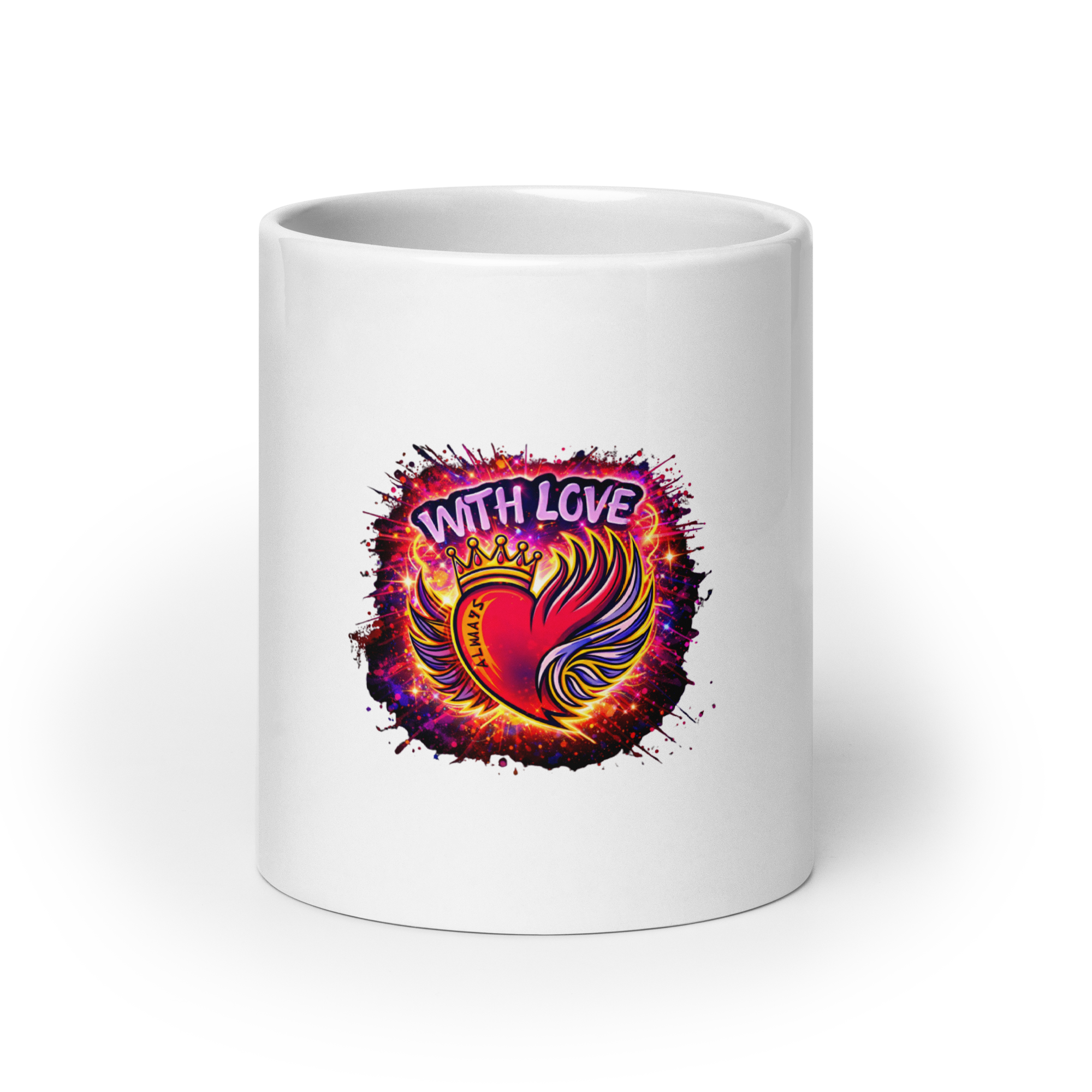 With Love Always graphic coffee mug 20 oz white ceramic with heart and wings design front view